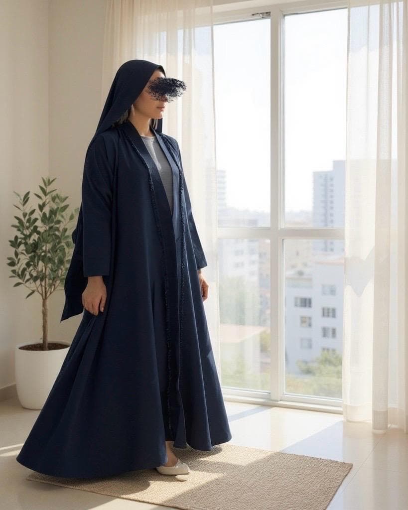 Italian Linen Frayed Abaya Set in Cloche Cut (Navy)