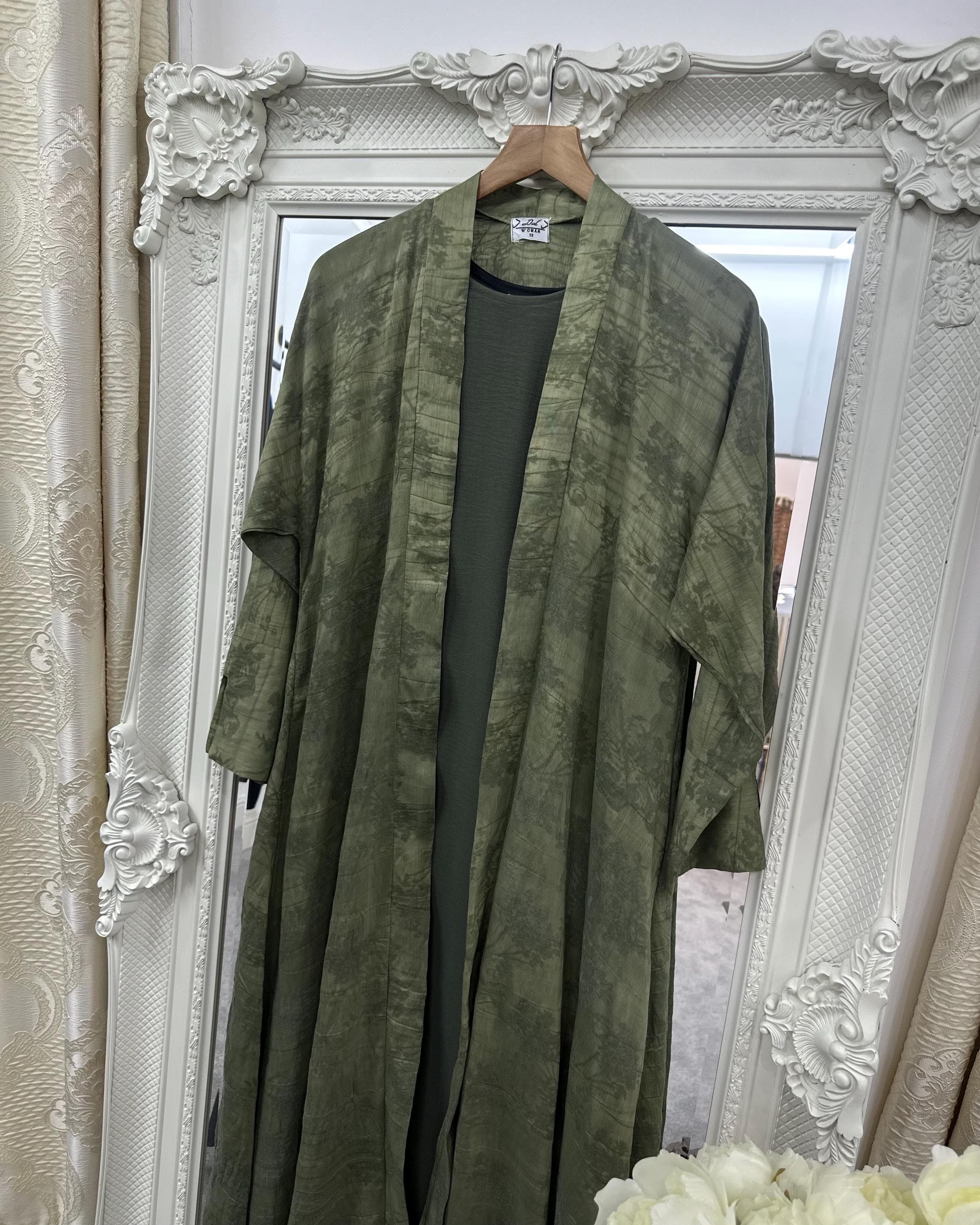 Indian Linen Patterned Abaya Set in Cloche-Cut (Olive Serenity) - image 3