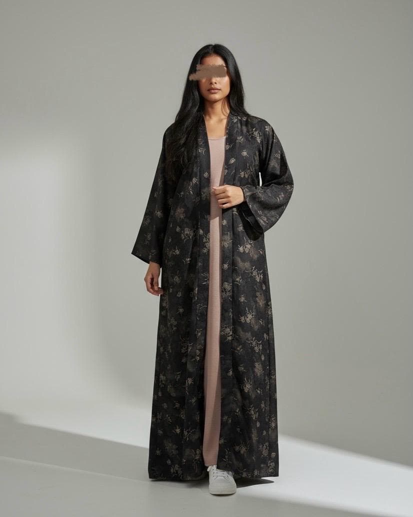 Floral Turkish Jacquard Patterned Abaya Set in Cloche Cut (No Inner Dress) - image 4