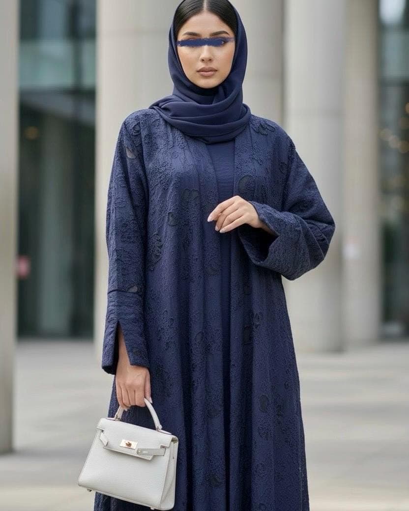 Three-Piece Textured Abaya Set: Laser Cut Abaya, Inner Dress & Hijab (Navy, Black, Olive Green)