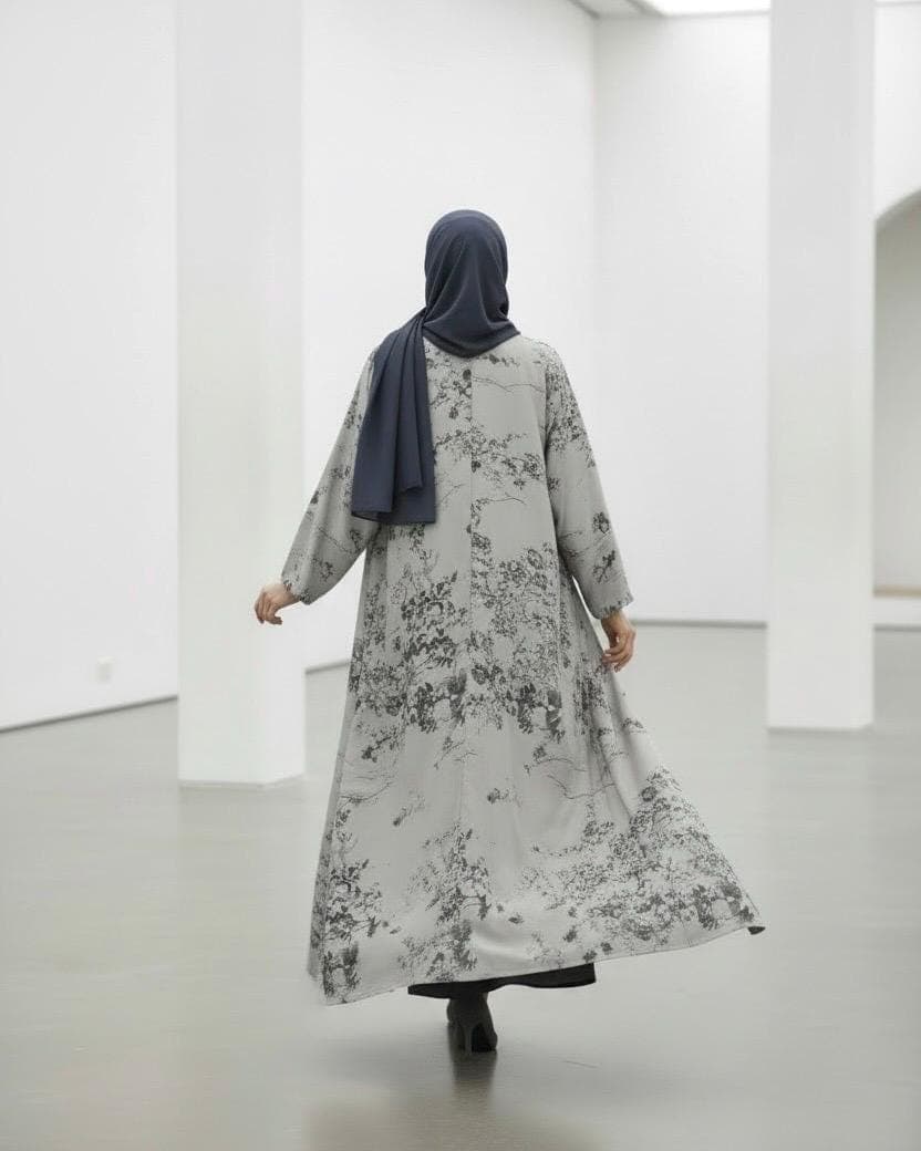 Ramadan Three-Piece Cloche Abaya Set: Two-Tone Abaya, Inner Dress & Hijab (Dove Grey / Denim) - image 3