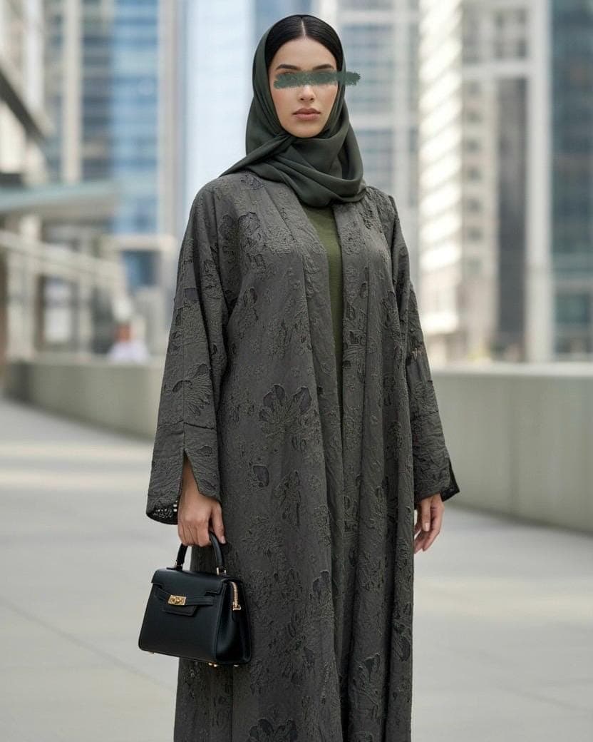 Three-Piece Textured Abaya Set: Laser Cut Abaya, Inner Dress & Hijab (Forest Green) - image 4