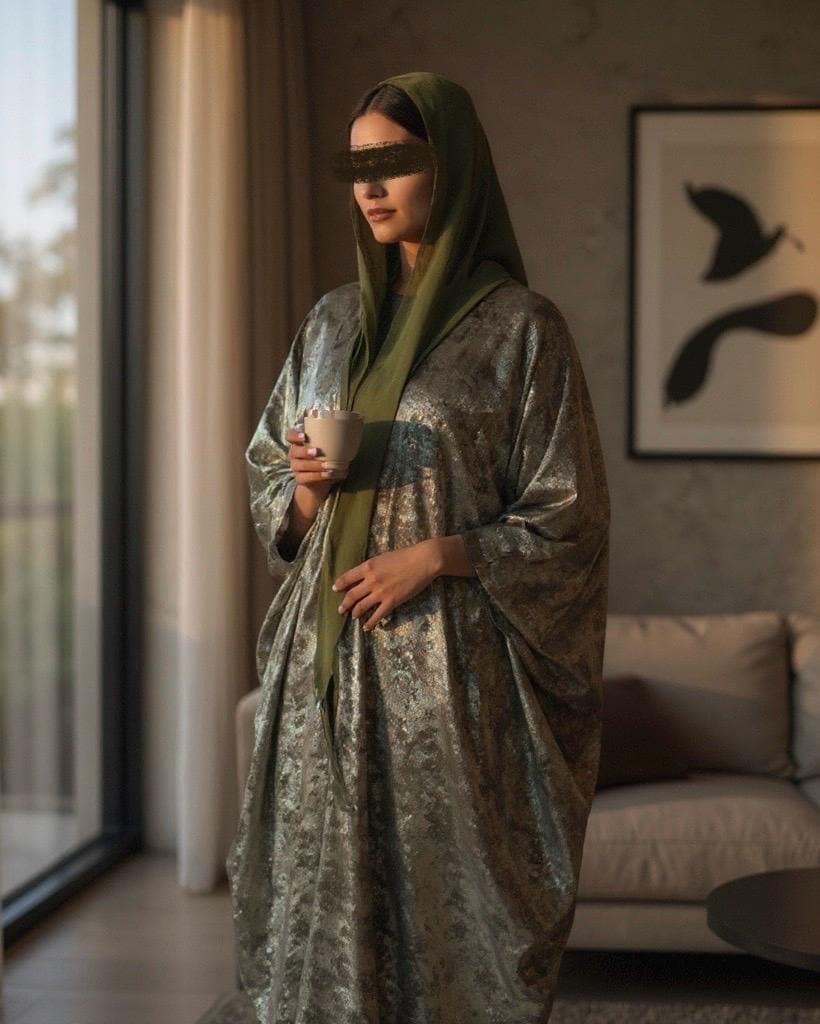 Three-Piece Set: Metallic Patterned Bisht & Silky Inner Dress (Khaki)