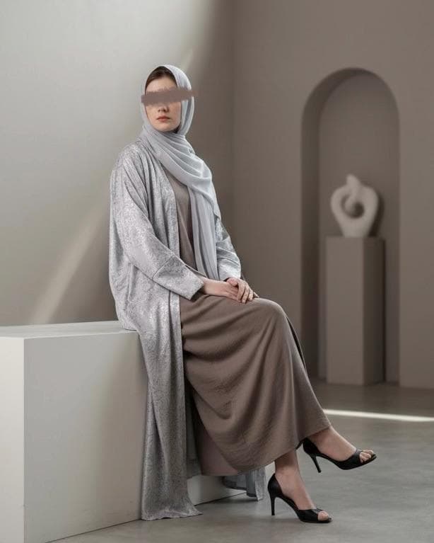 Three-Piece Metallic Set: Floral Patterned Cloche-Cut & Silky Inner Dress (Silver) - image 5