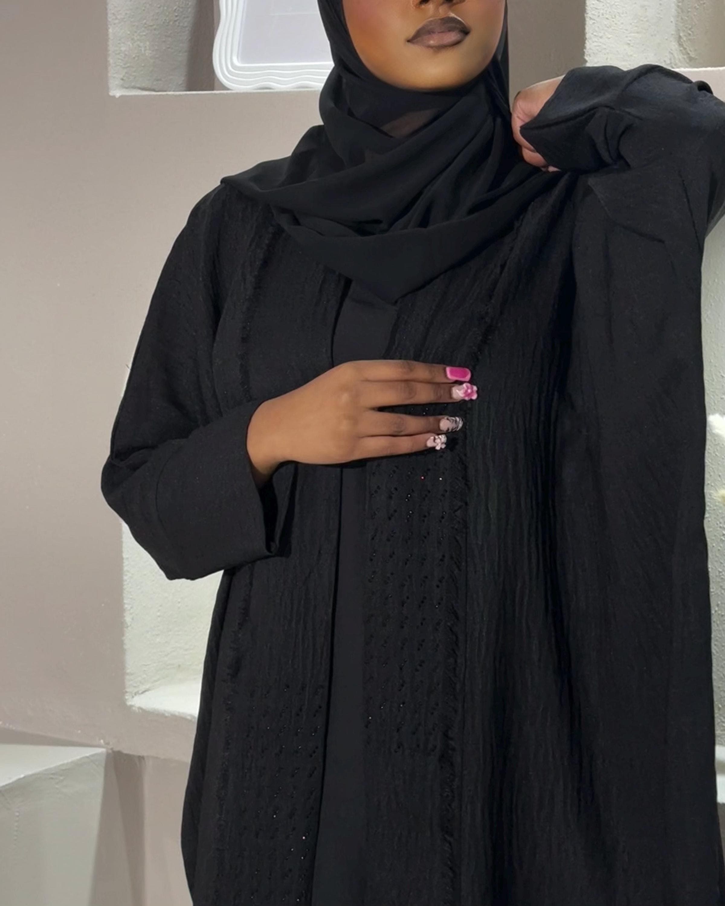 Ramadan Three-Piece Fringed Abaya Set: Butterfly Abaya, Silky Inner Dress, Hijab (Black) - image 4