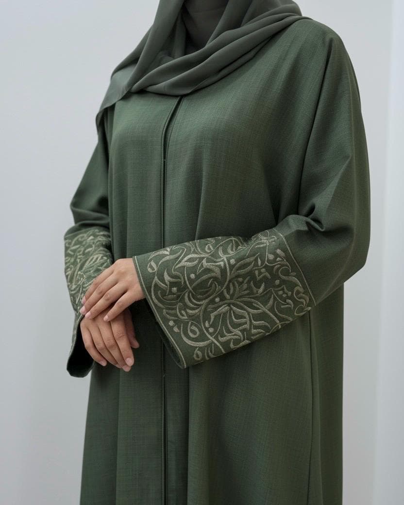 Italian Linen Blend Abaya with Arabic Calligraphy Embroidered Sleeves (Olive Green) - image 4