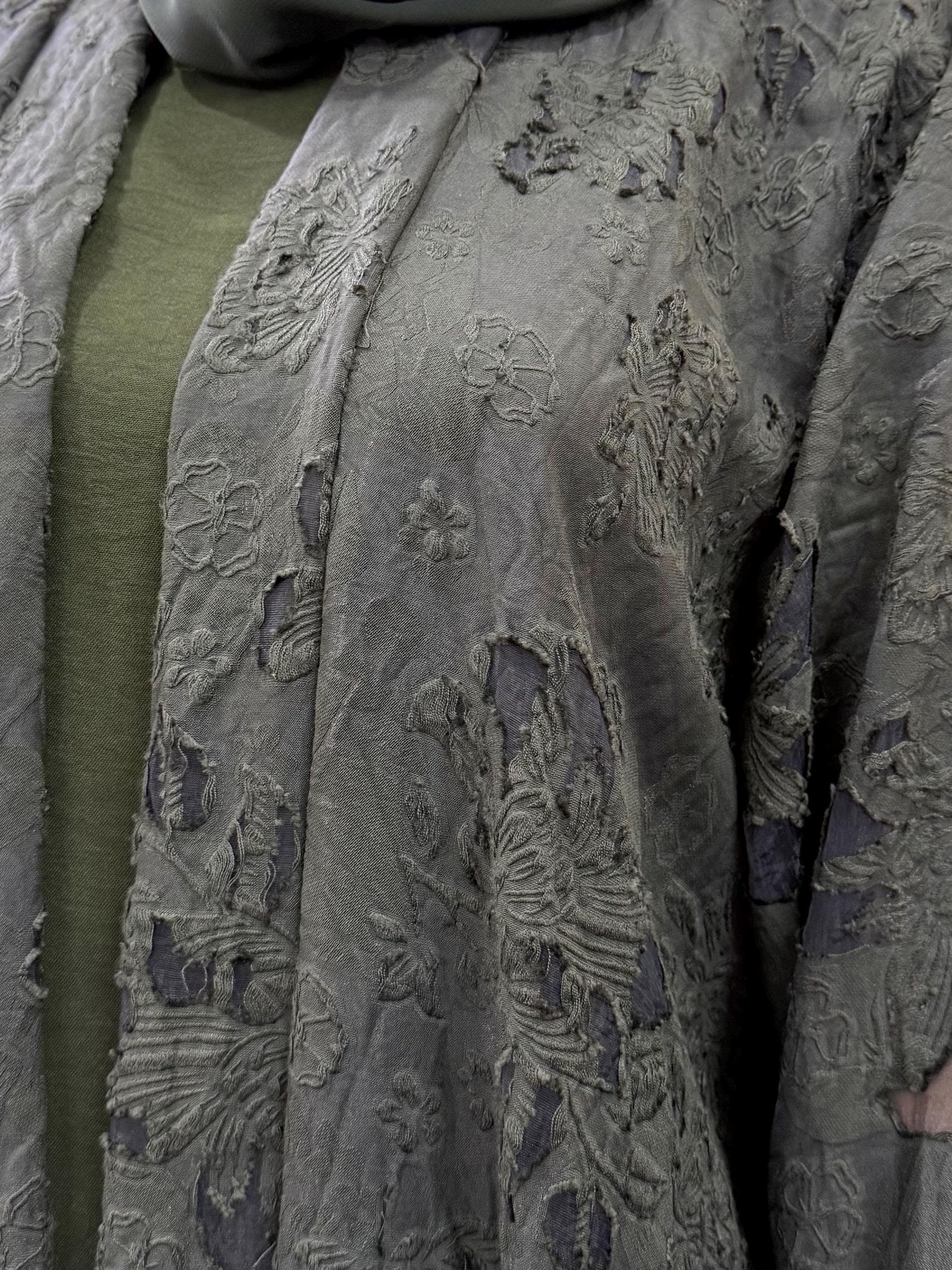 Three-Piece Textured Abaya Set: Laser Cut Abaya, Inner Dress & Hijab (Forest Green) - image 3