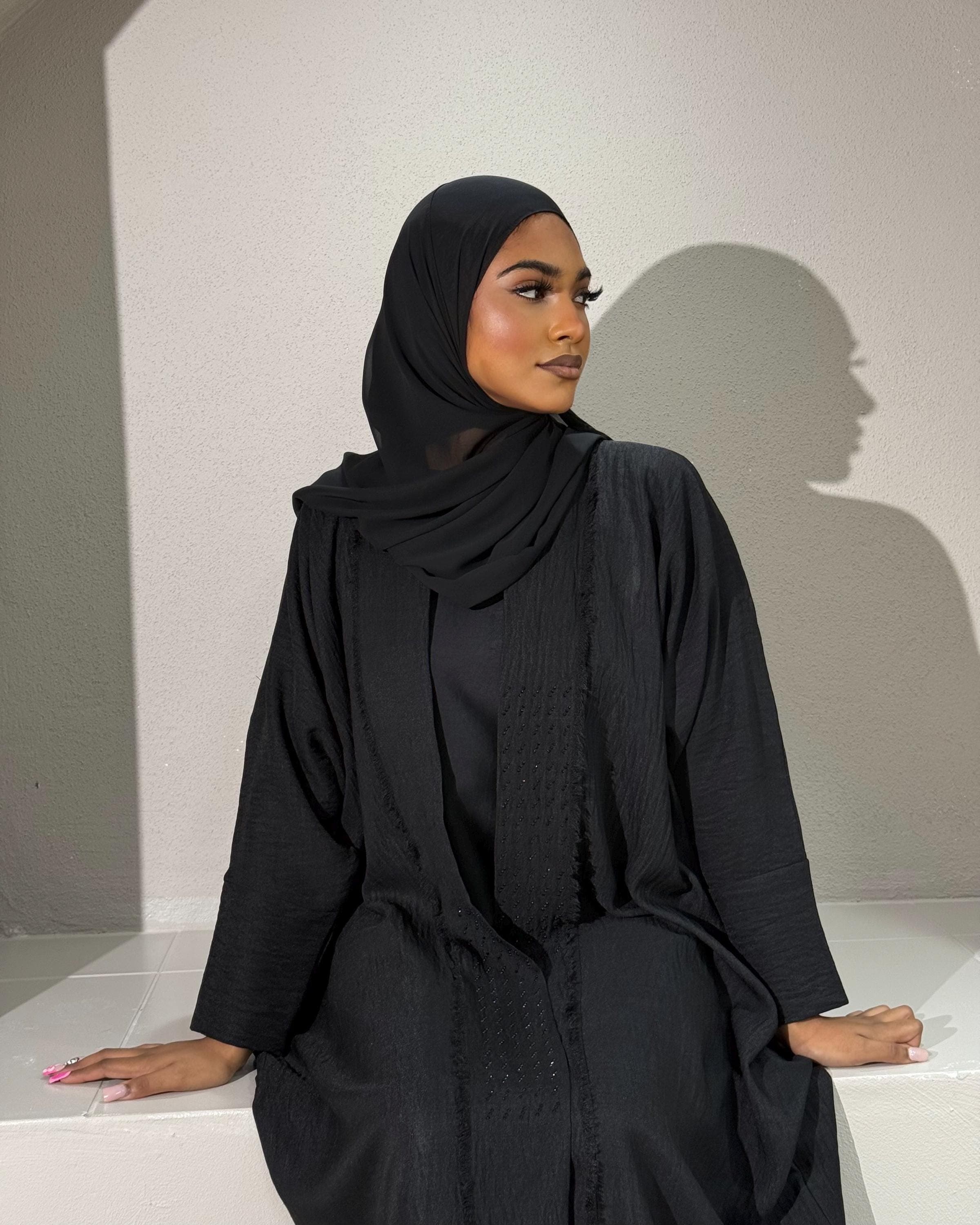Ramadan Three-Piece Fringed Abaya Set: Butterfly Abaya, Silky Inner Dress, Hijab (Black) - image 3