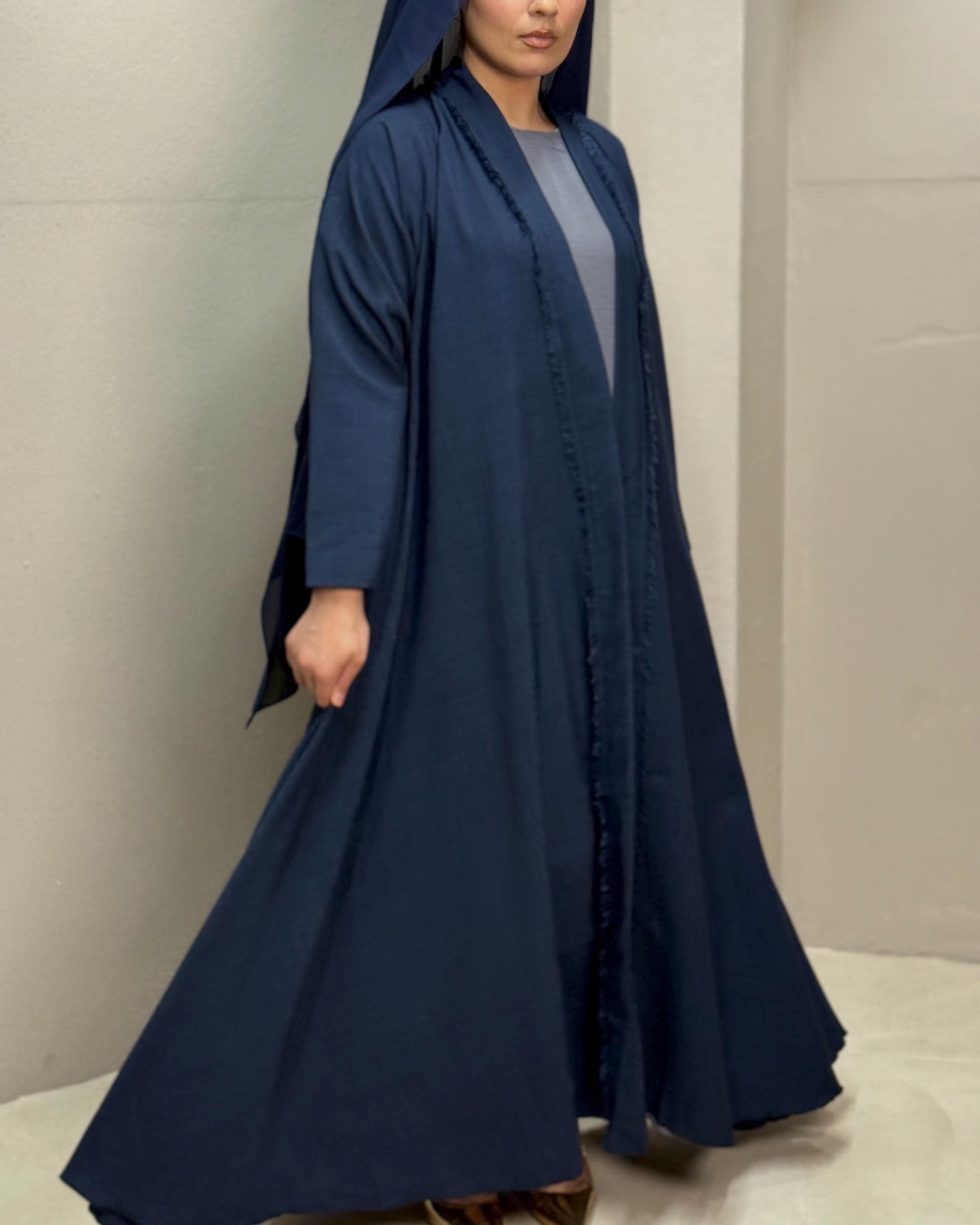 Italian Linen Frayed Abaya Set in Cloche Cut (Navy) - image 4