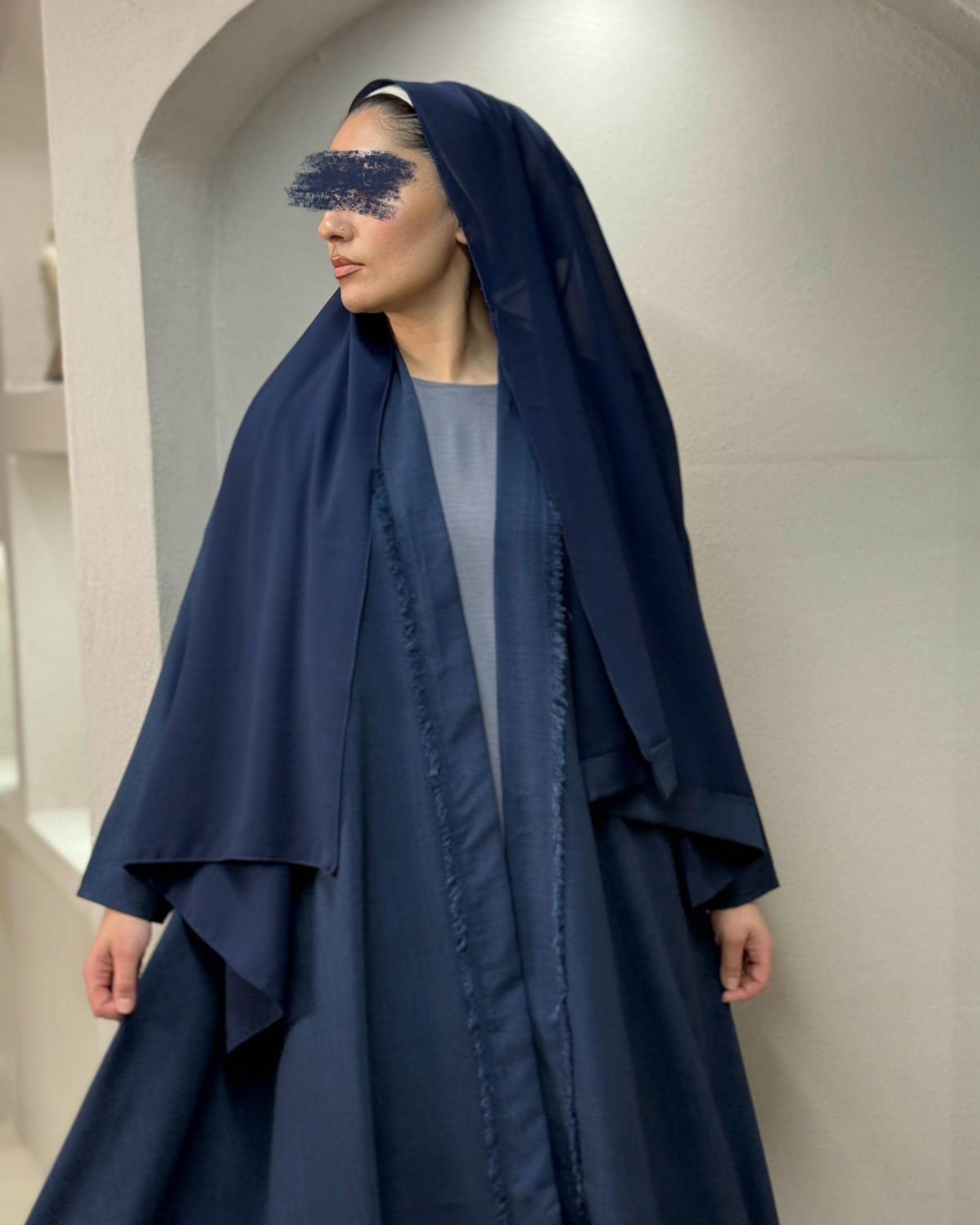 Italian Linen Frayed Abaya Set in Cloche Cut (Navy) - image 5
