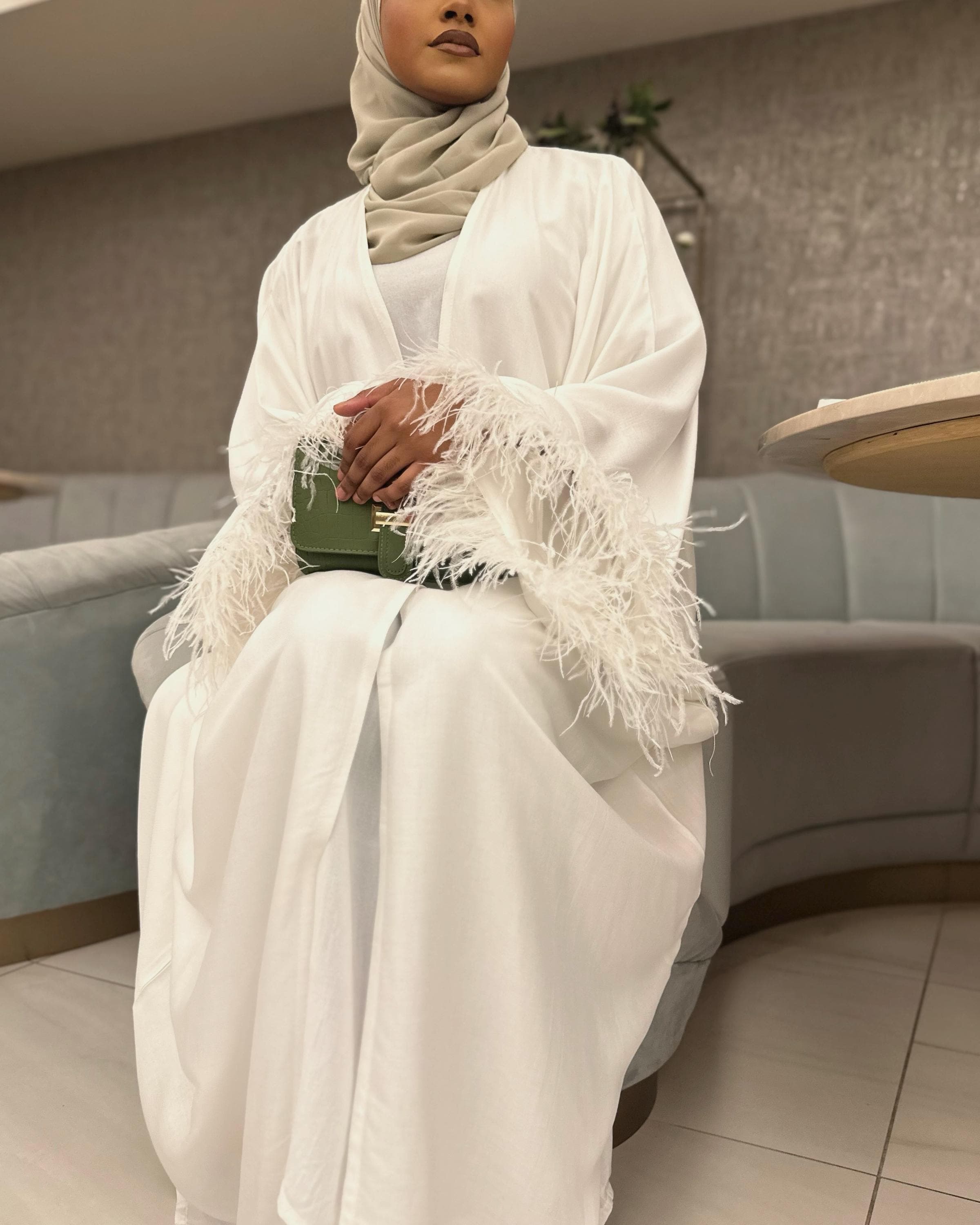 Nikkah Three-Piece Set: Abaya with Ostrich Feathers, Inner & Hijab (Off-White) - image 4