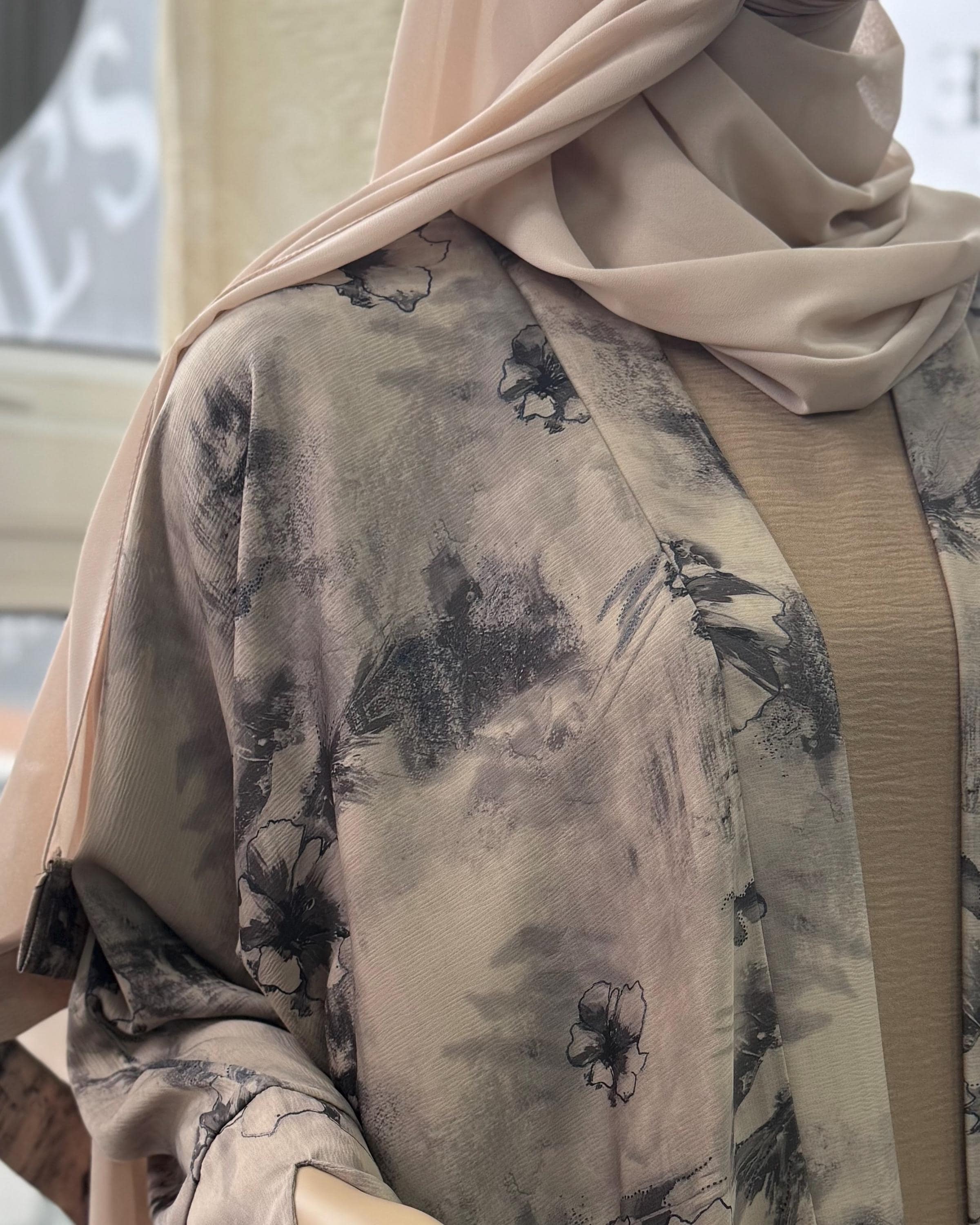 Flowery Patterned Abaya in Misty Sand (No Inner Dress) - image 3