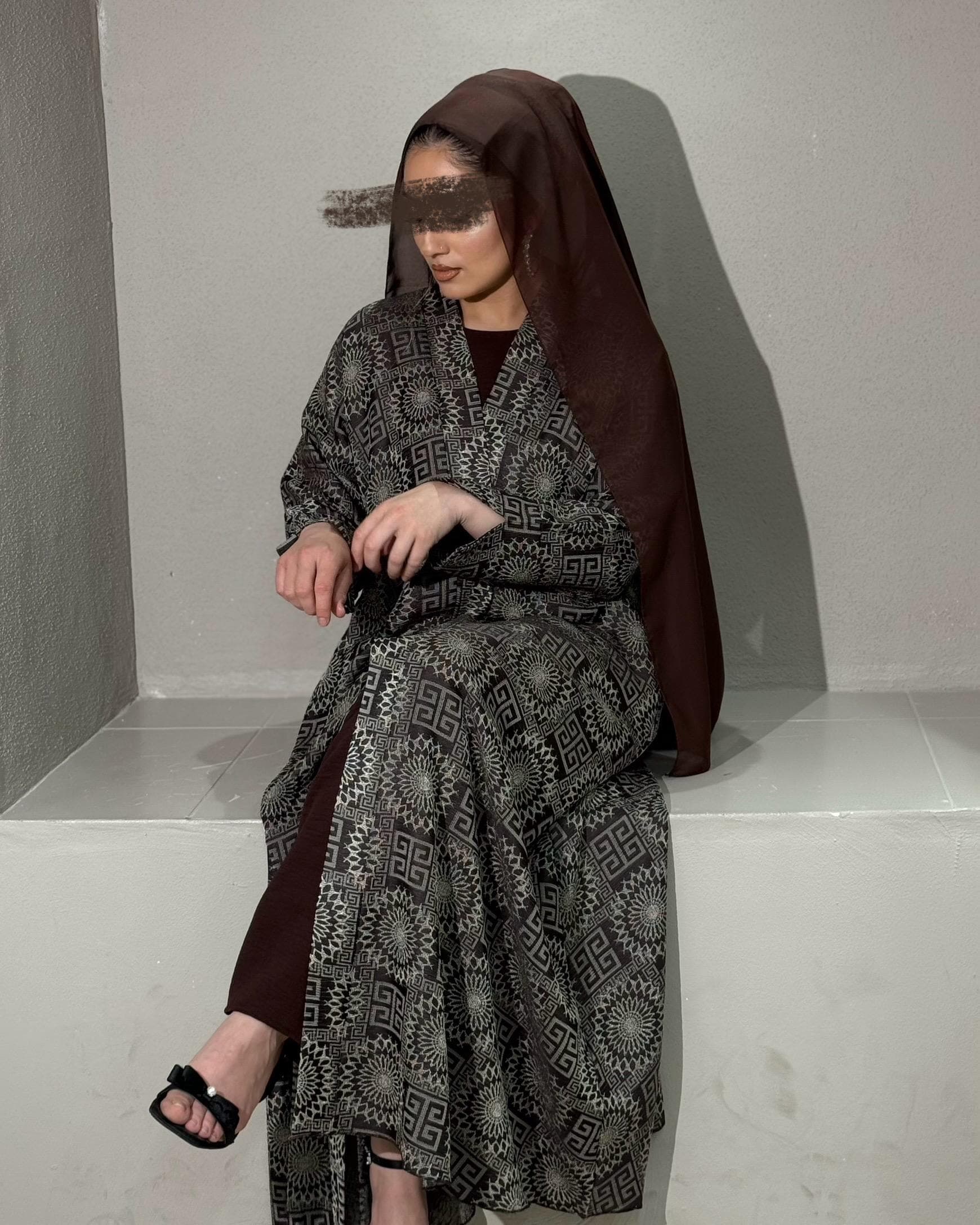 Jacquard Abaya Set: Cloche Cut Satin Abaya, Inner Dress & Hijab (Coffee Brown)