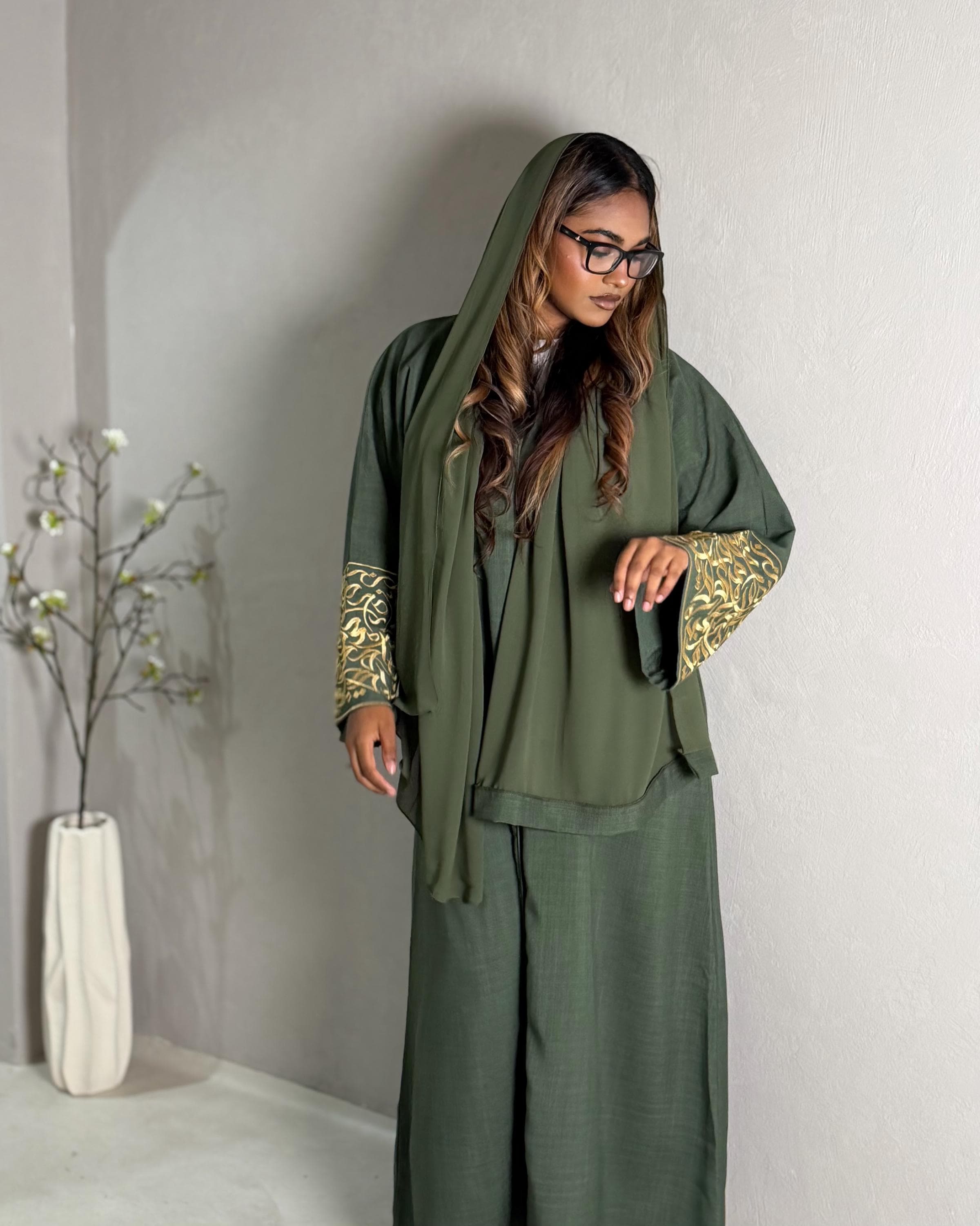 Italian Linen Blend Abaya with Arabic Calligraphy Embroidered Sleeves (Olive Green) - image 3