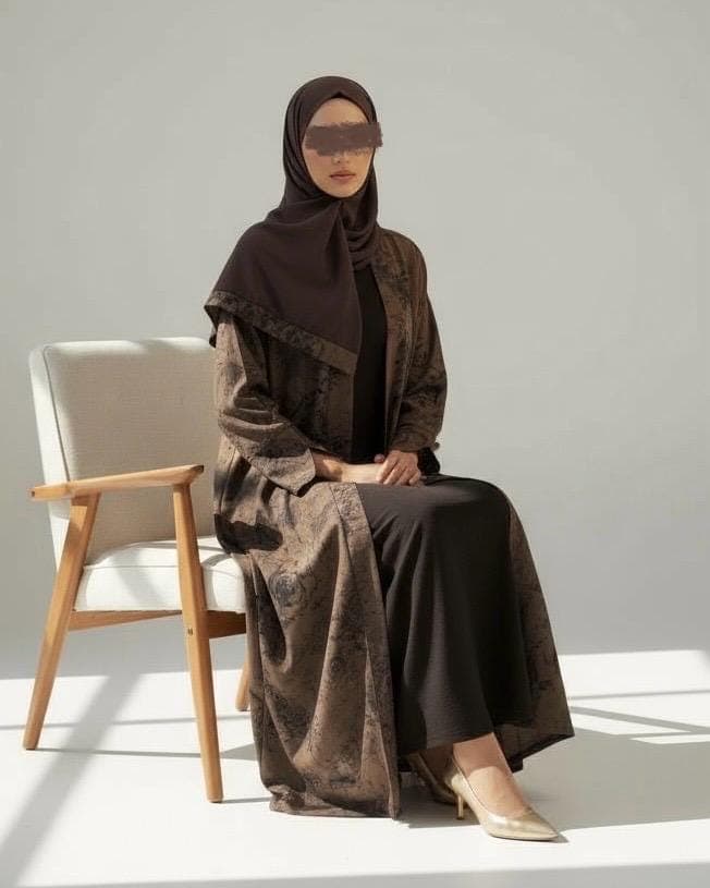 Three-Piece Set: Flowery Patterned Abaya, Inner Dress & Hijab (Mocha Taupe, Midnight Blue) - image 3