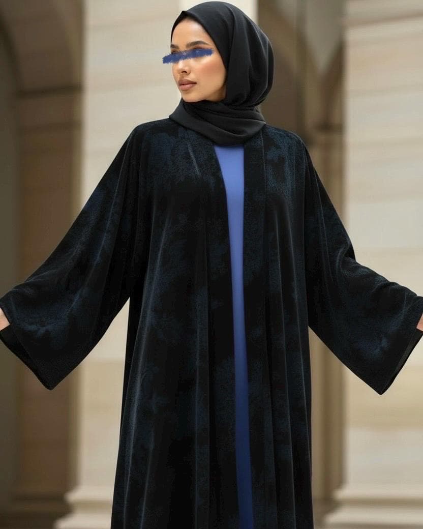 Three-Piece Velvet Set: Floral Abaya, Royal Blue Inner Dress & Hijab
