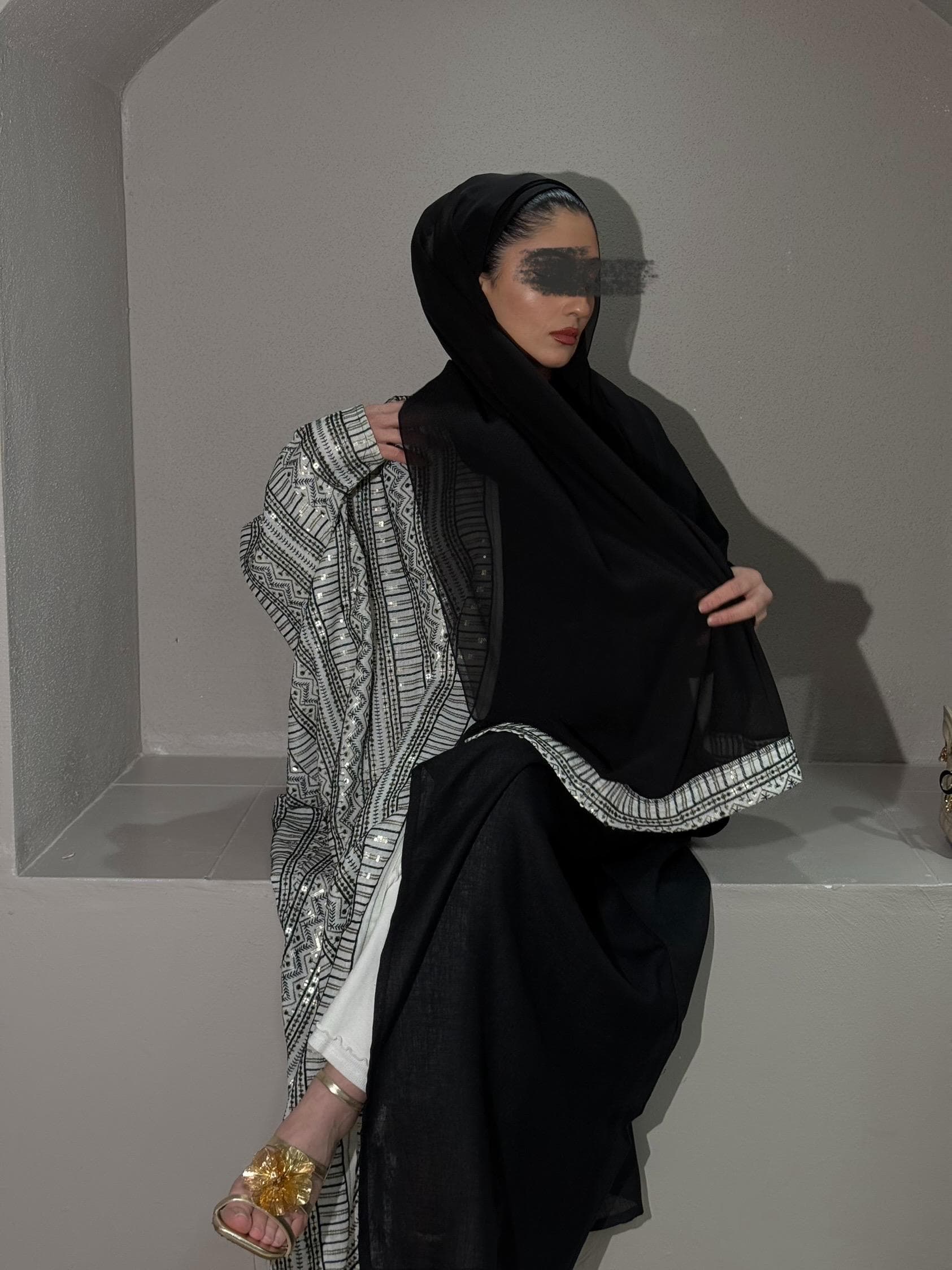 Half Embroidered Indian Linen Butterfly Abaya (Black) - image 5