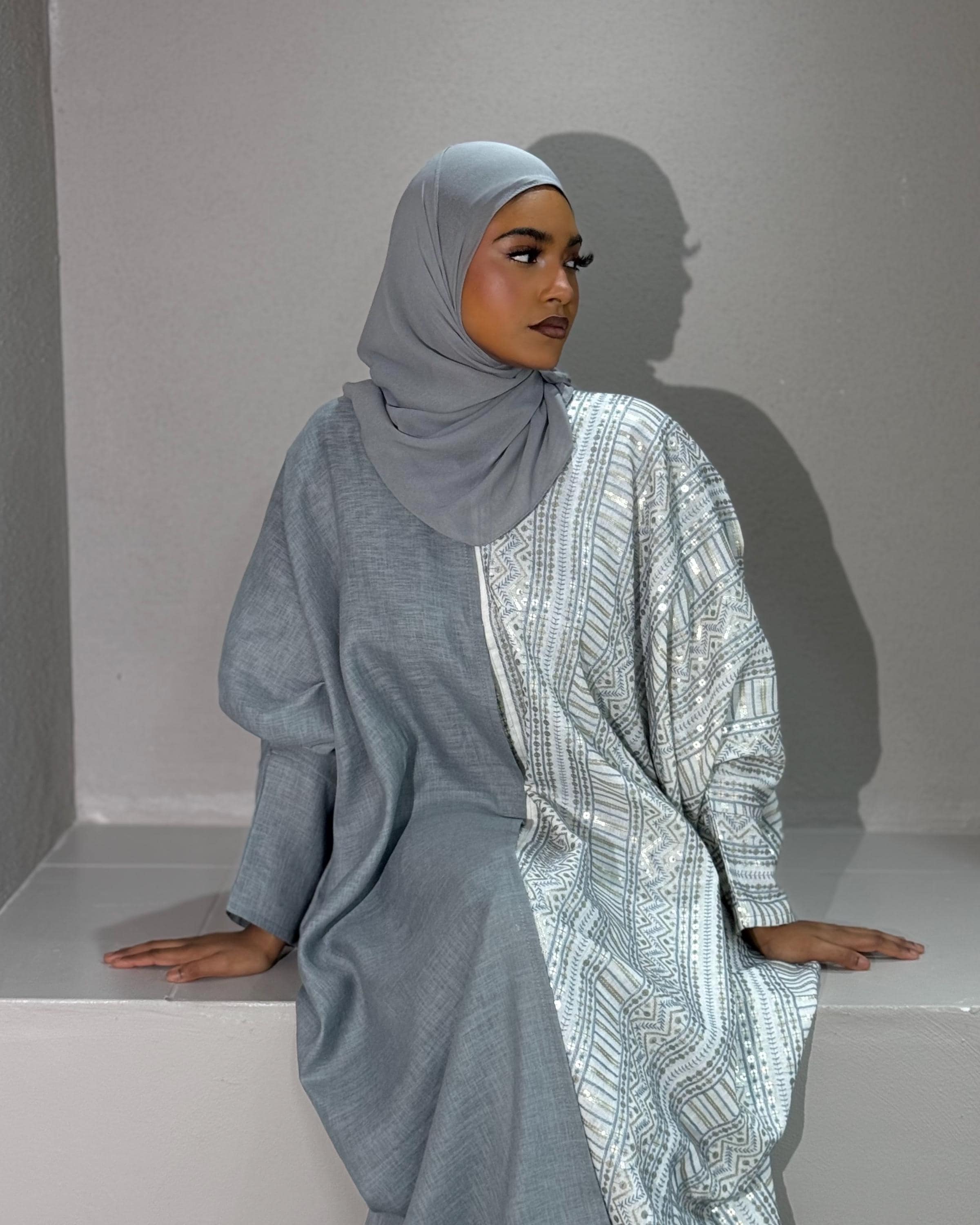 Half Embroidered Indian Linen Butterfly Abaya (Grey)