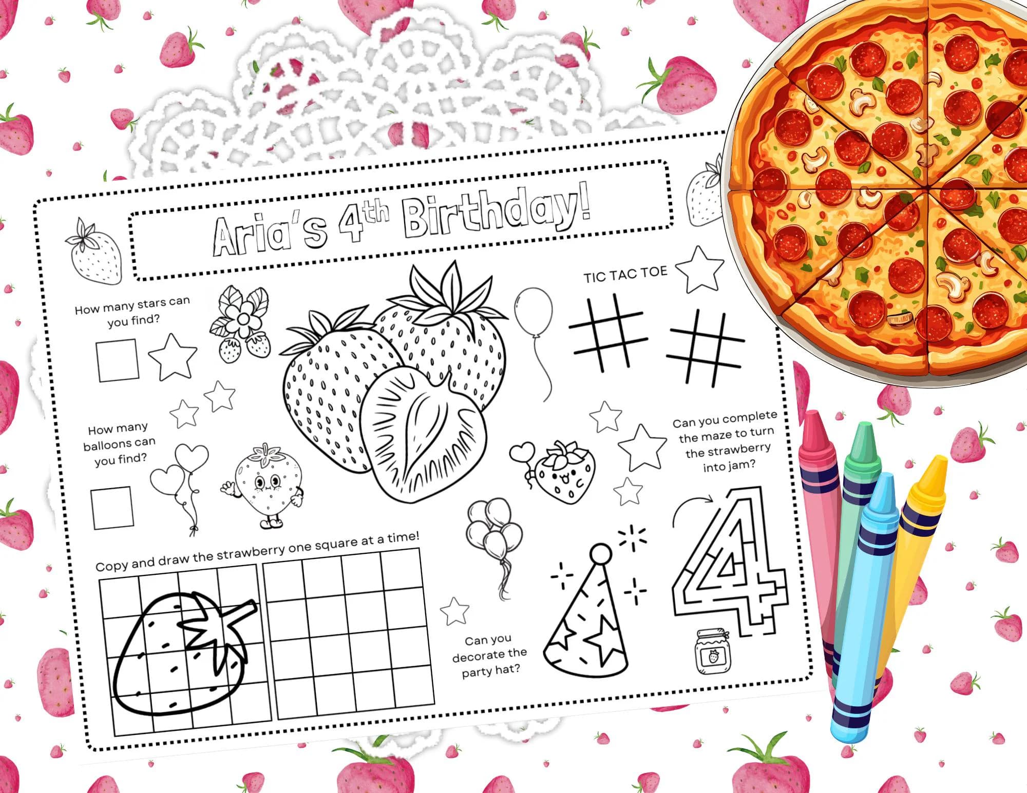 Printable Strawberry Birthday Party Activity | Strawberry Theme Party Favor | Kids Activity | Personalized Placemat
