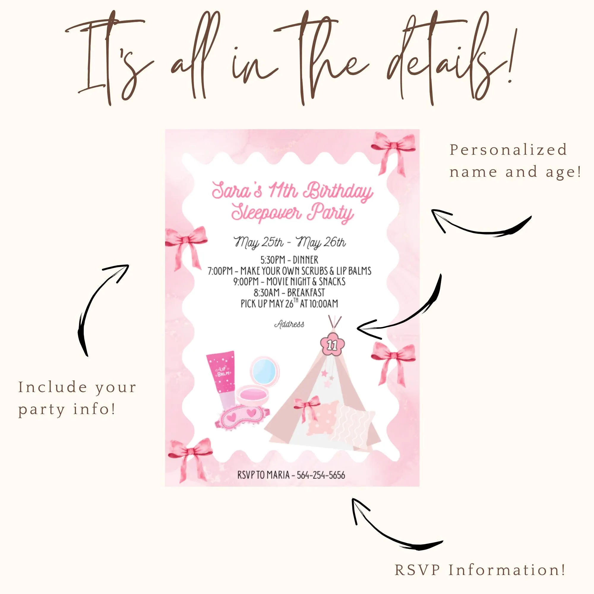 Personalized Pink, Girly, Tent Sleepover Invitation – Custom Sleepover Party Invite, Fun Sleepover Theme, Girls Night In, Printable Invite - image 3