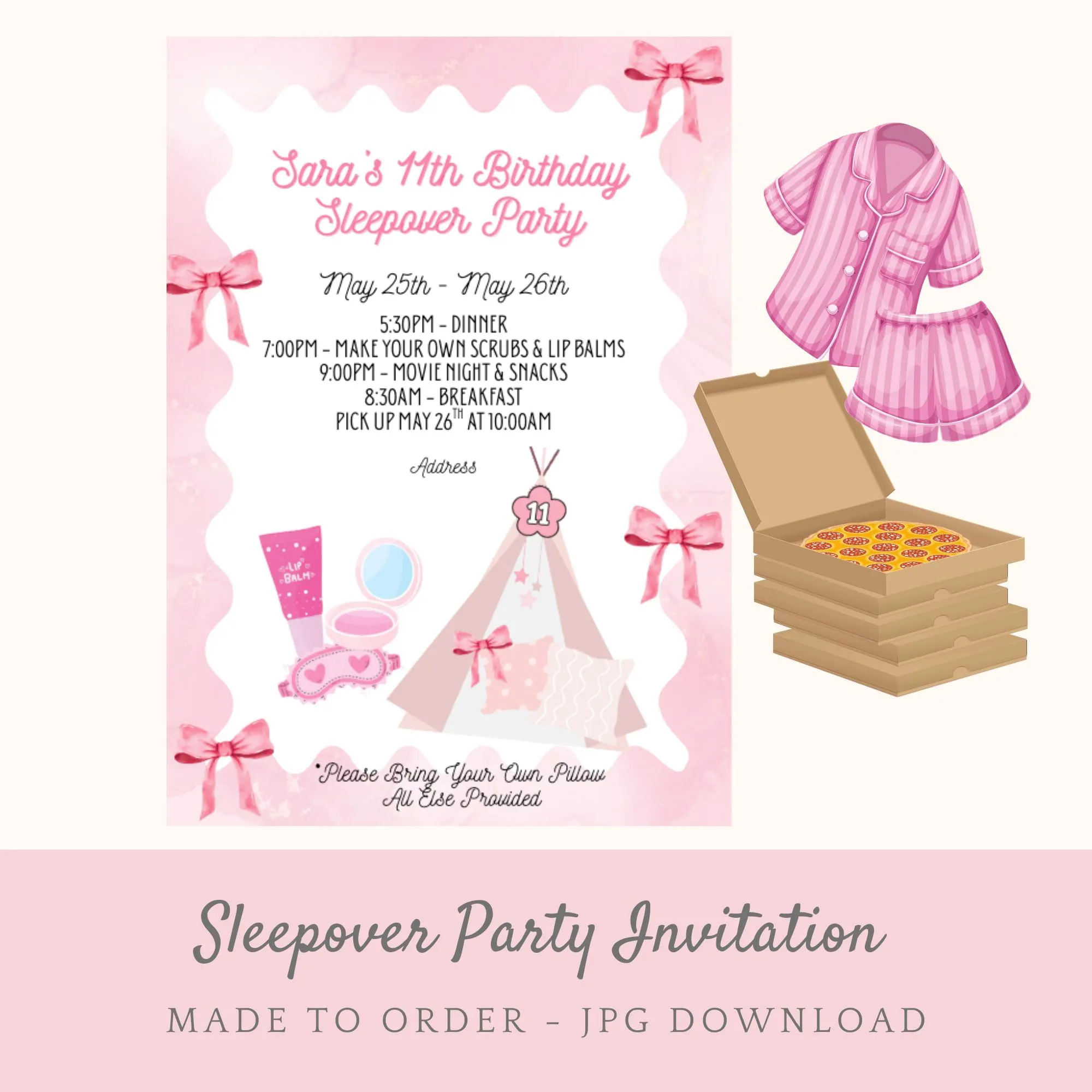 Personalized Pink, Girly, Tent Sleepover Invitation – Custom Sleepover Party Invite, Fun Sleepover Theme, Girls Night In, Printable Invite