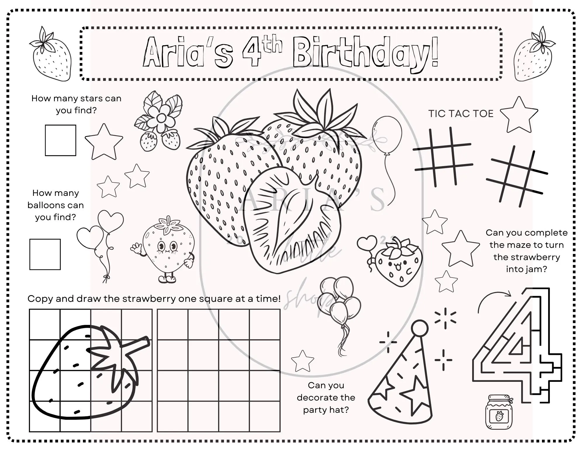 Printable Strawberry Birthday Party Activity | Strawberry Theme Party Favor | Kids Activity | Personalized Placemat - image 3