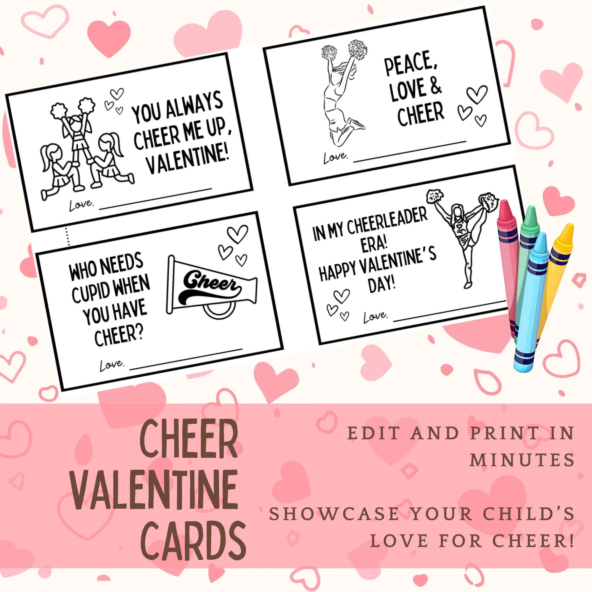 Cheerleader Valentine's Day Cards – Instant Download – Color Your Own Valentines – Fun & Creative!