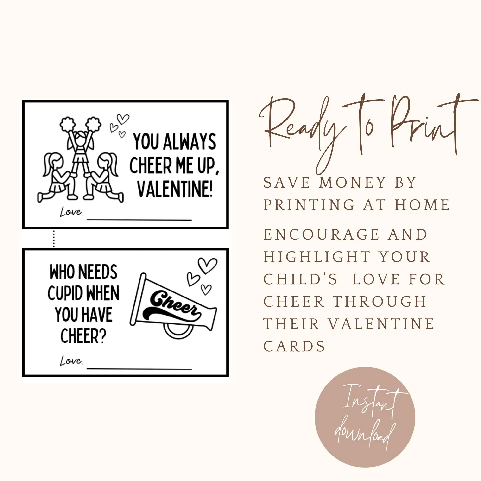 Cheerleader Valentine's Day Cards – Instant Download – Color Your Own Valentines – Fun & Creative! - image 3