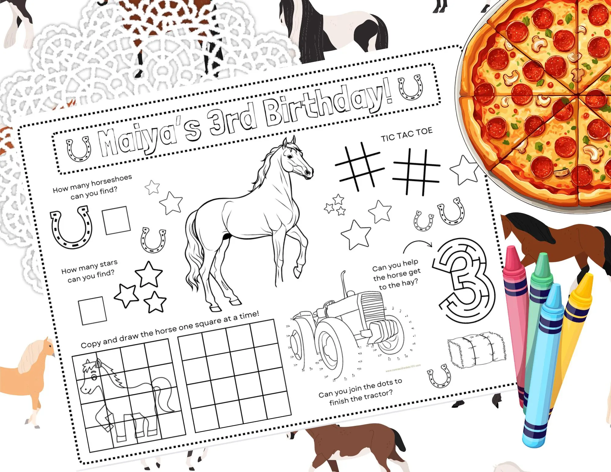 Printable Horse Theme Birthday Coloring Placemat | My First Rodeo Placemat | Kids Coloring Page Worksheet Digital Download