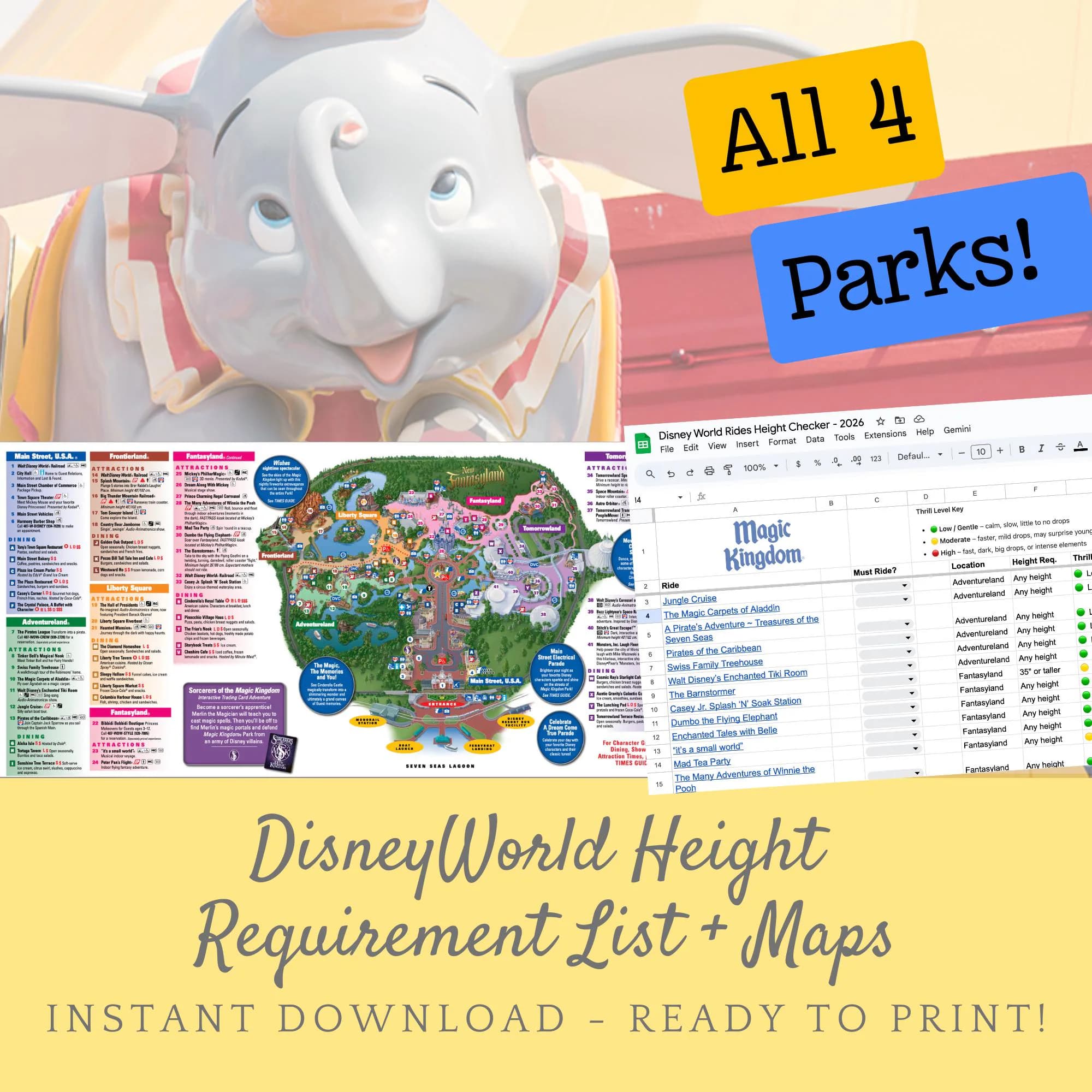 WDW Rides & Attractions Height Requirements Sheet / Magic Kingdom, Epcot, Hollywood Studios, Animal Kingdom / Google Sheets / PDF Print