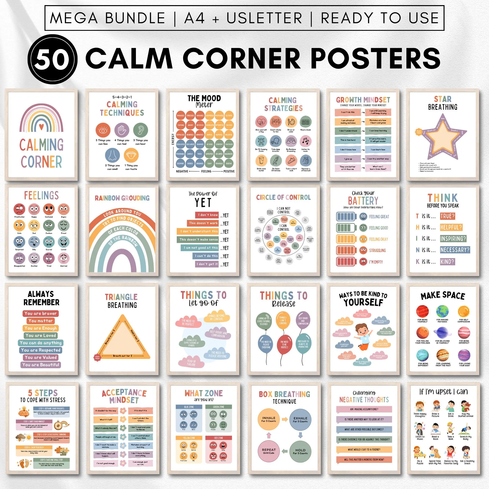 Calm down corner poster decor for kids room,Calming corner printables,Classroom wall decor pack,Counselling coping tools,Circle of control