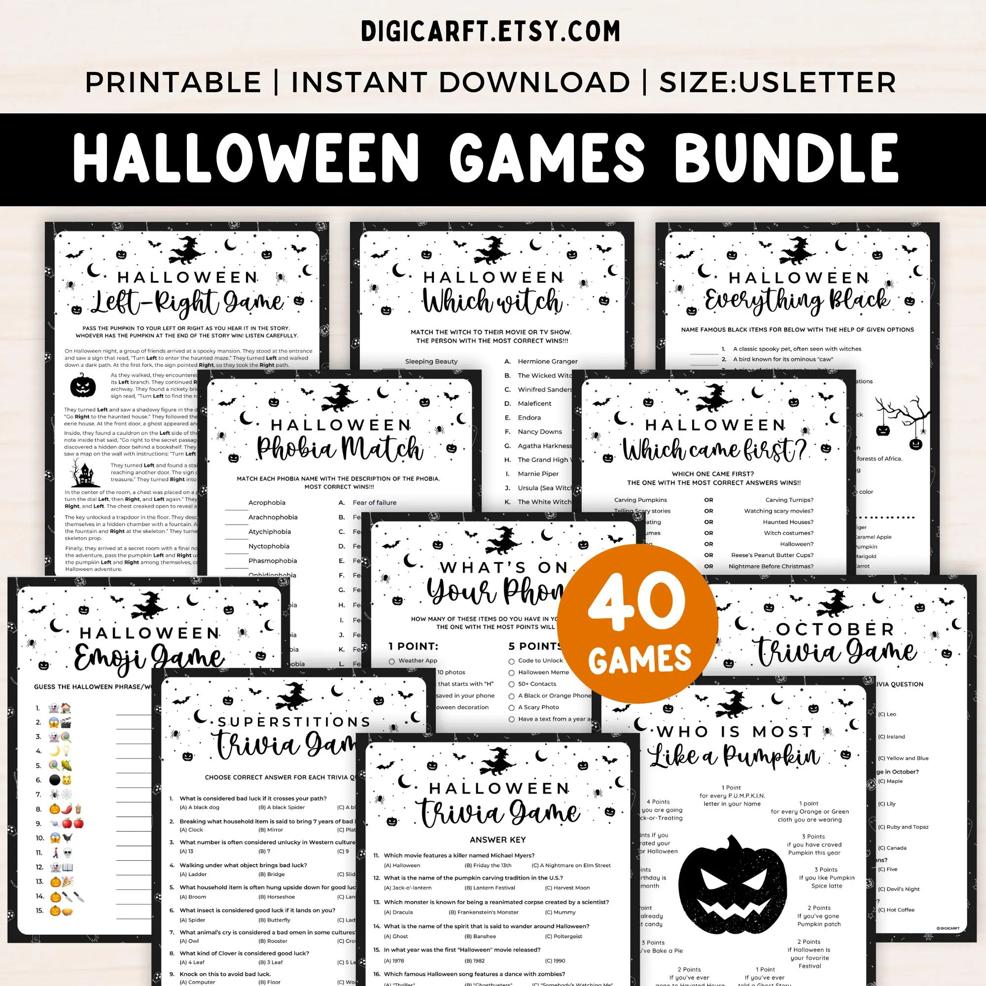 Halloween printable games for kids adults Digital download,Halloween party games bundle 2025,Trivia emoji Halloween activities for teens