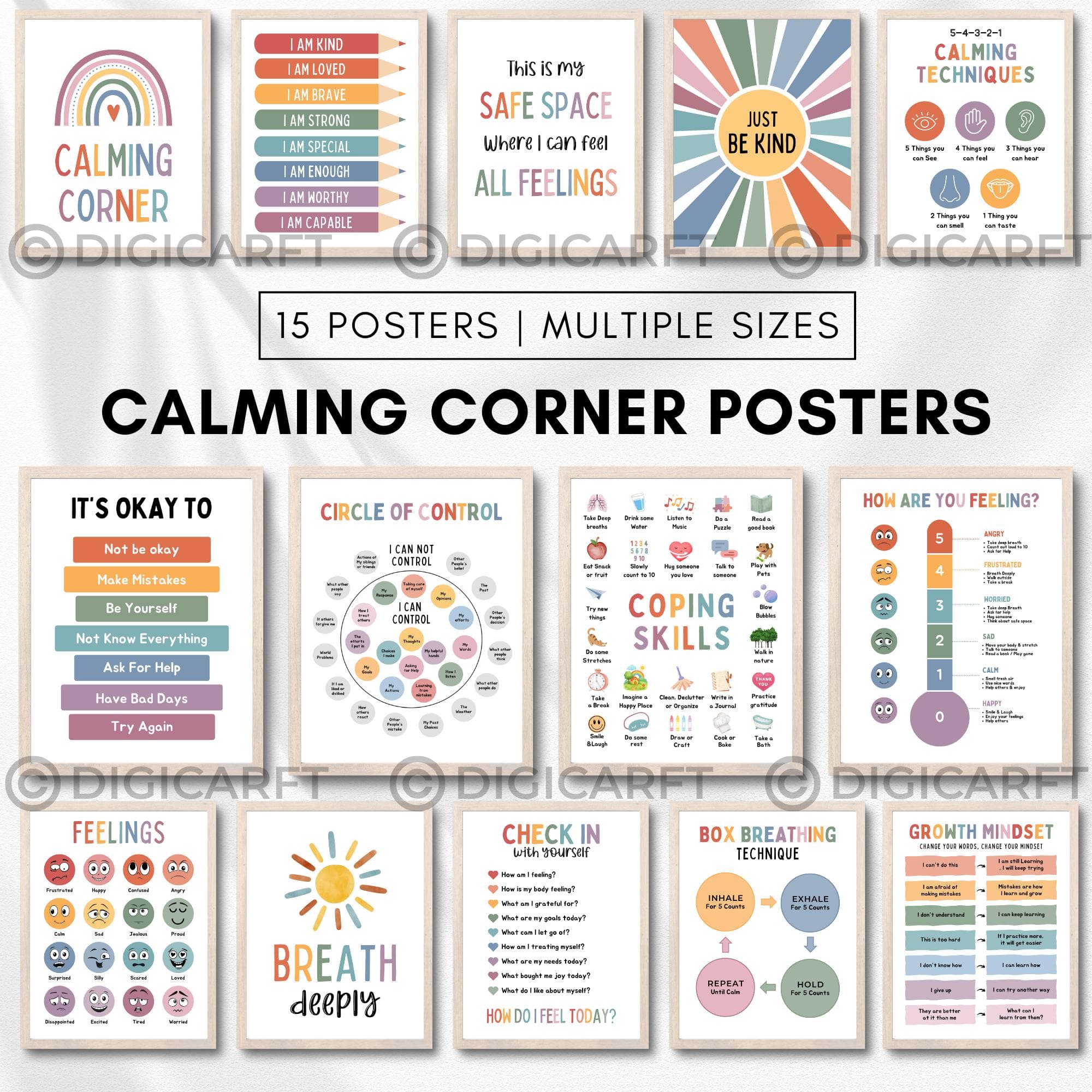 Calm down corner poster decor for kids room,calming corner classroom posters bundle,Coping skills,Circle of control,counselling room mental health emotional wellness banner,classroom calm down corner prints,Educational Wall art,Rainbow breathing classroom set,positive affirmation poster Teens,Calming strategies visuals printable Digital download