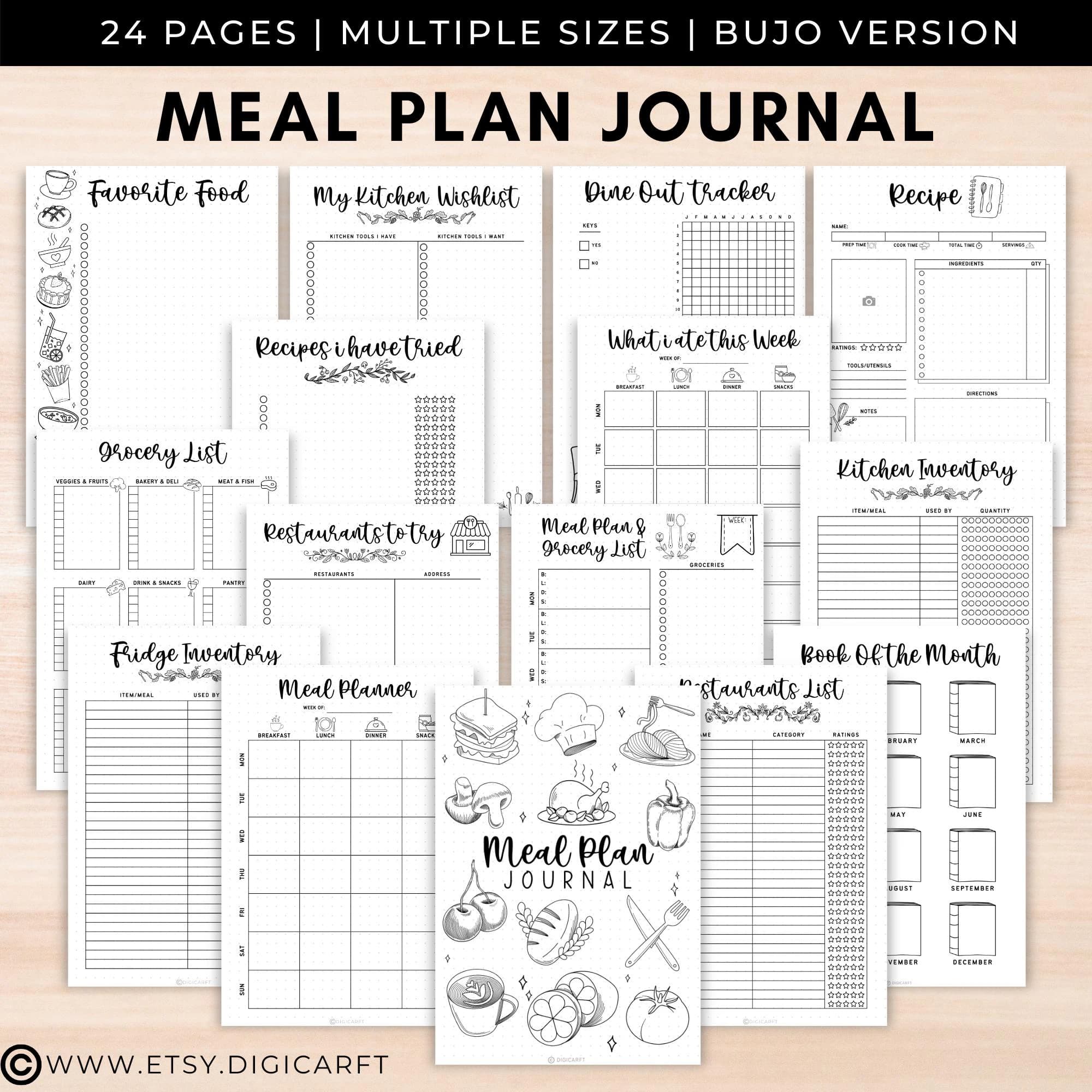 Weekly Meal planner and grocery list template printable,Recipe page bullet journal a5,Food tracker journal,Daily meal log,Kitchen inventory