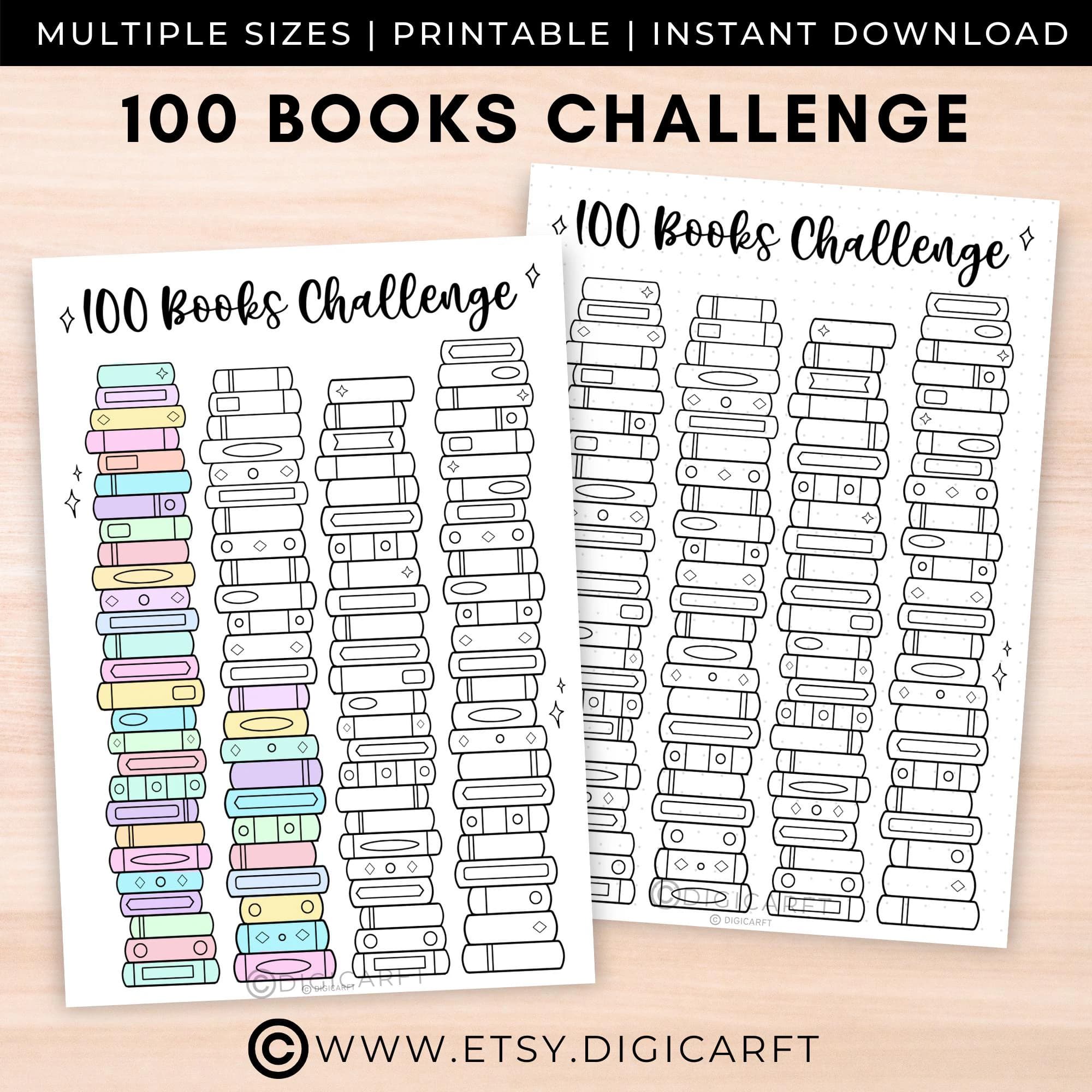 100 Book challenge tracker printable,Books reading challenge templates,Bujo Bookshelf reading log coloring page digital,A5 journal page