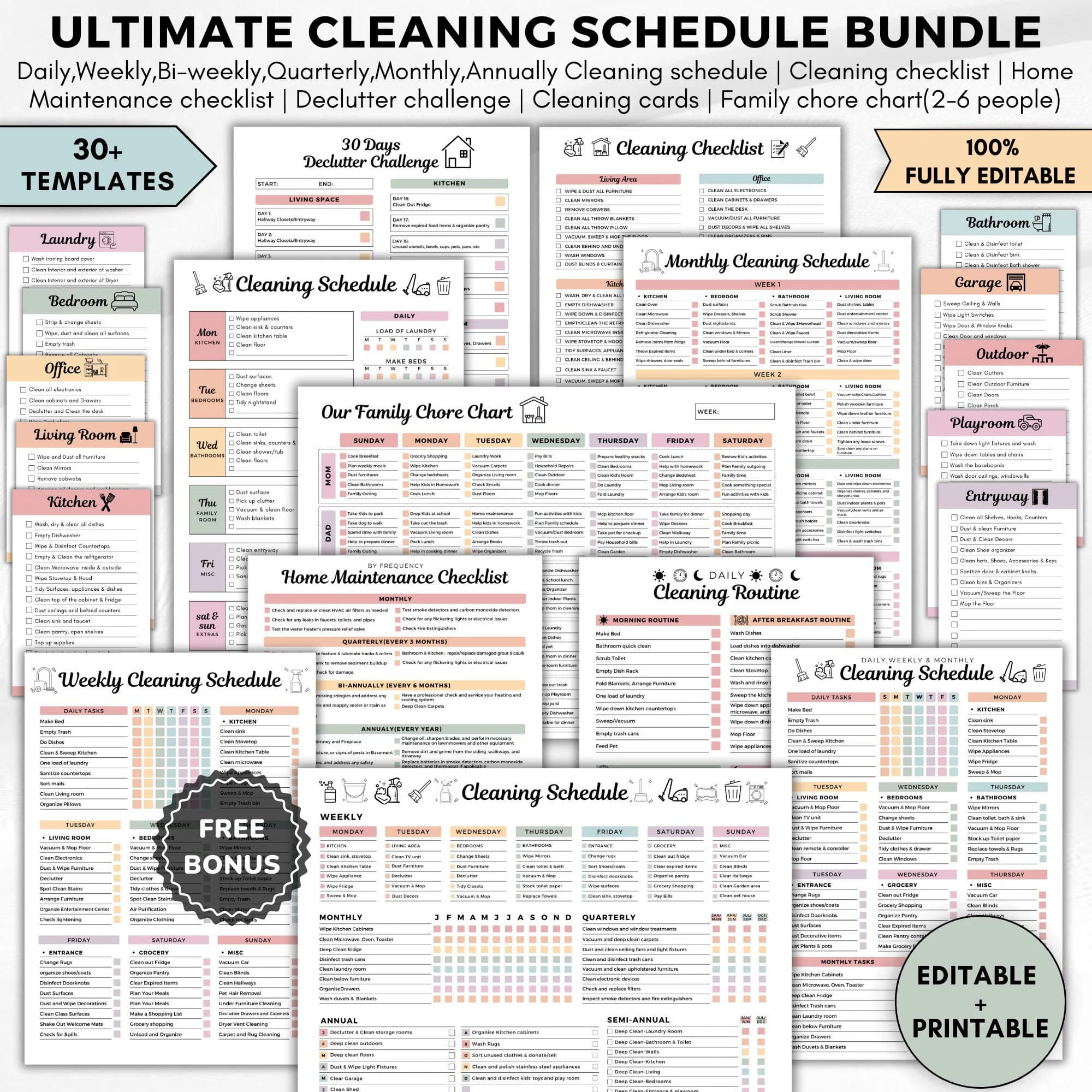 Ultimate cleaning schedule bundle editable,Cleaning Planner Bundle a4,Weekly,Monthly,Yearly Cleaning Checklist,Declutter,Family Chore Chart