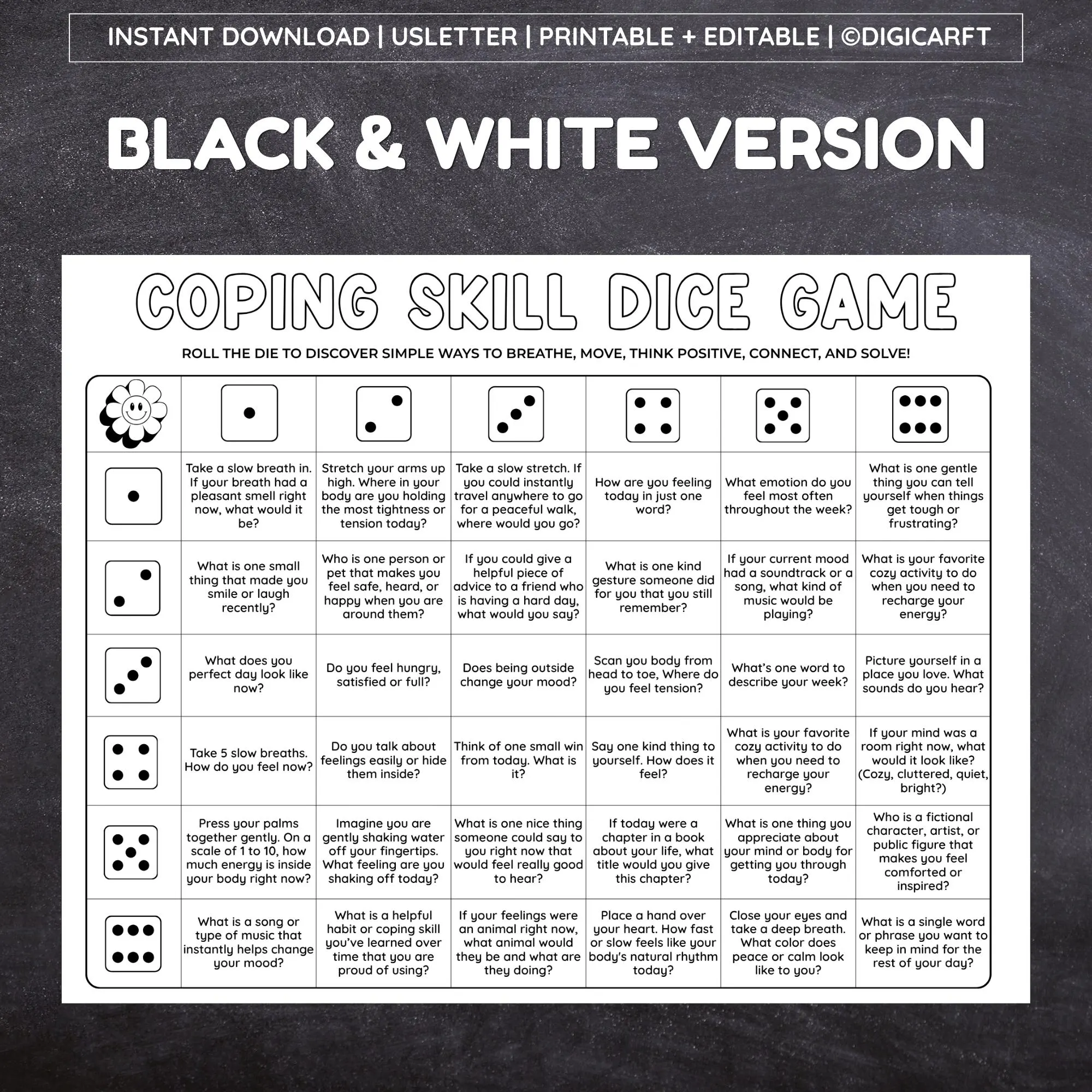 coping skills dice,coping skills games,Mental health games,for adults and kids,Group activities pdf,Adult therapy games,Group thrapy activty,Therapy dice games,Emotional wellbeing ,Dice game printable,anxiety game therapy,Mindful games formen,Games for therapist