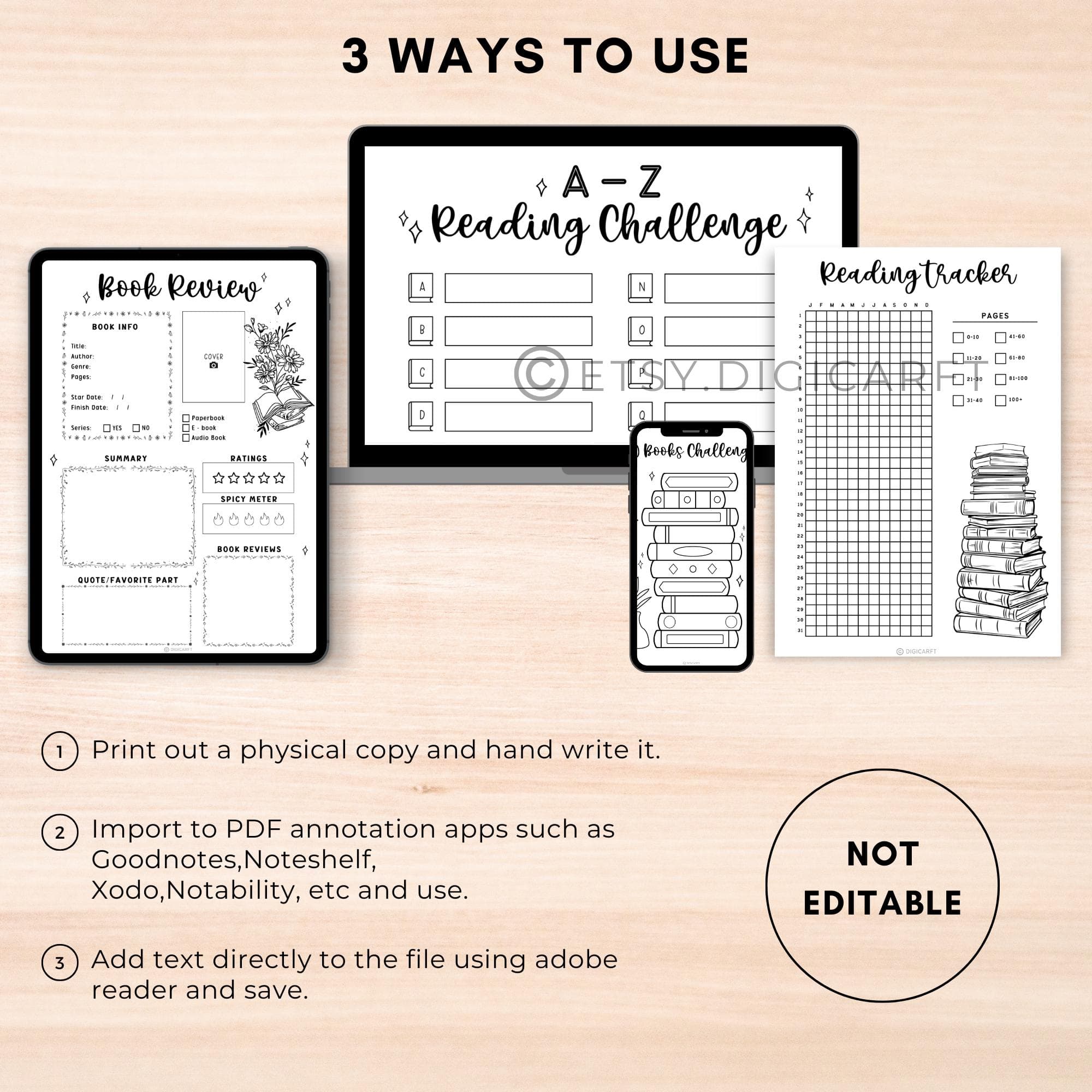 Book Reading journal bundle printable page,a5 Bullet journal pages,Bookshelf reading tracker print,50,100 books TBR challenge template 2025 - image 3