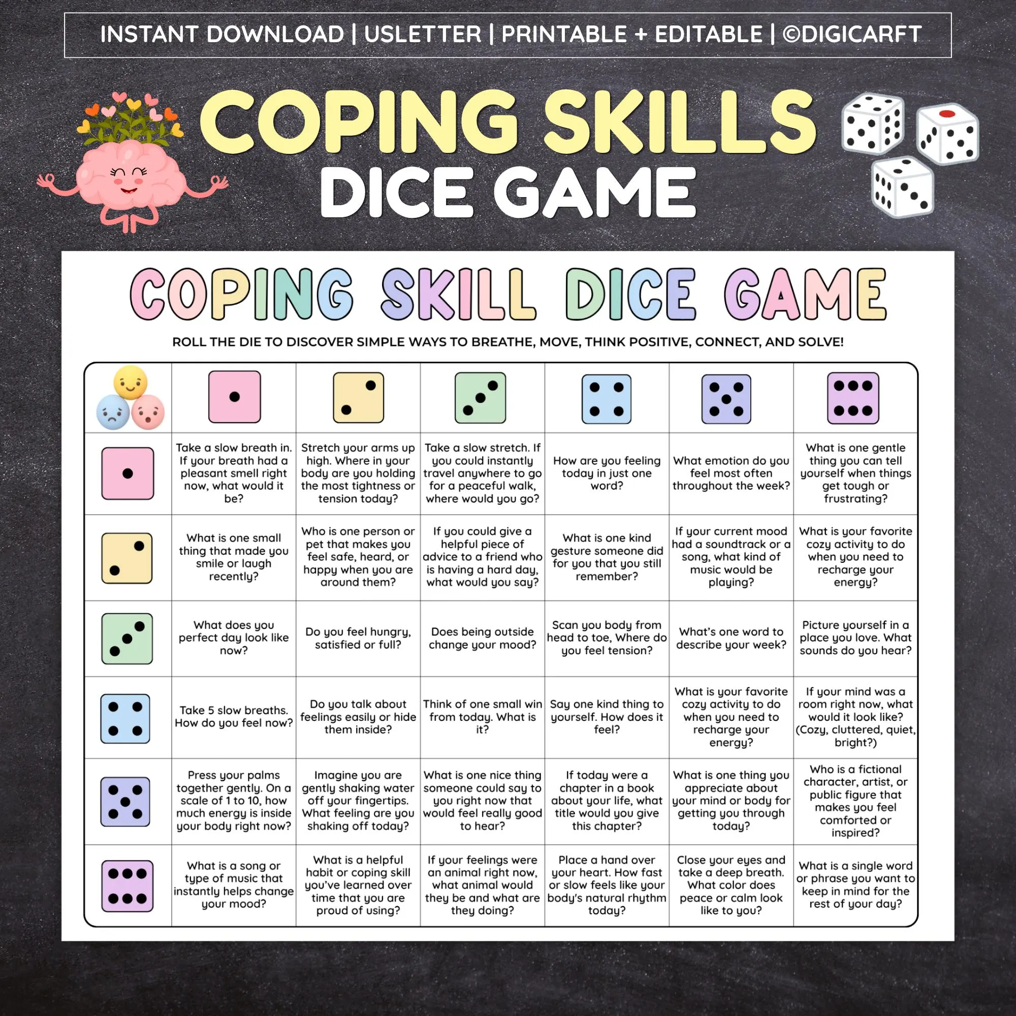 Coping skills dice game ,Mental health games for adults,Group therapy activities,Therapy dice games for kids,Games for mental health therapy