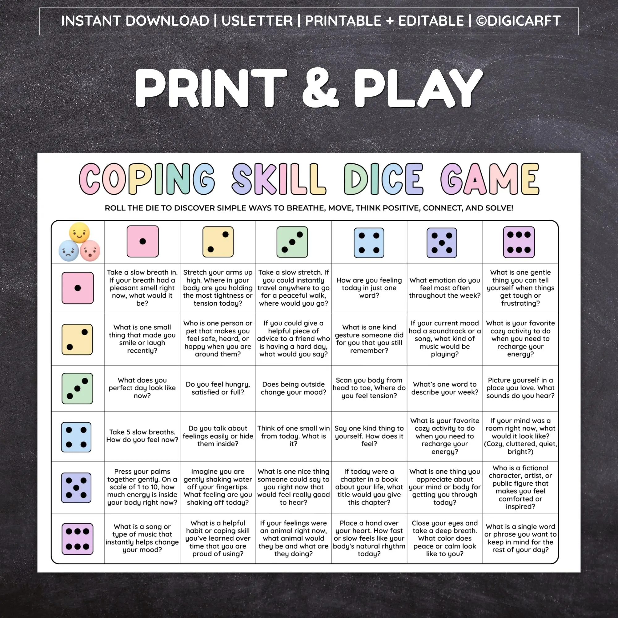 coping skills dice,coping skills games,Mental health games,for adults and kids,Group activities pdf,Adult therapy games,Group thrapy activty,Therapy dice games,Emotional wellbeing ,Dice game printable,anxiety game therapy,Mindful games formen,Games for therapist