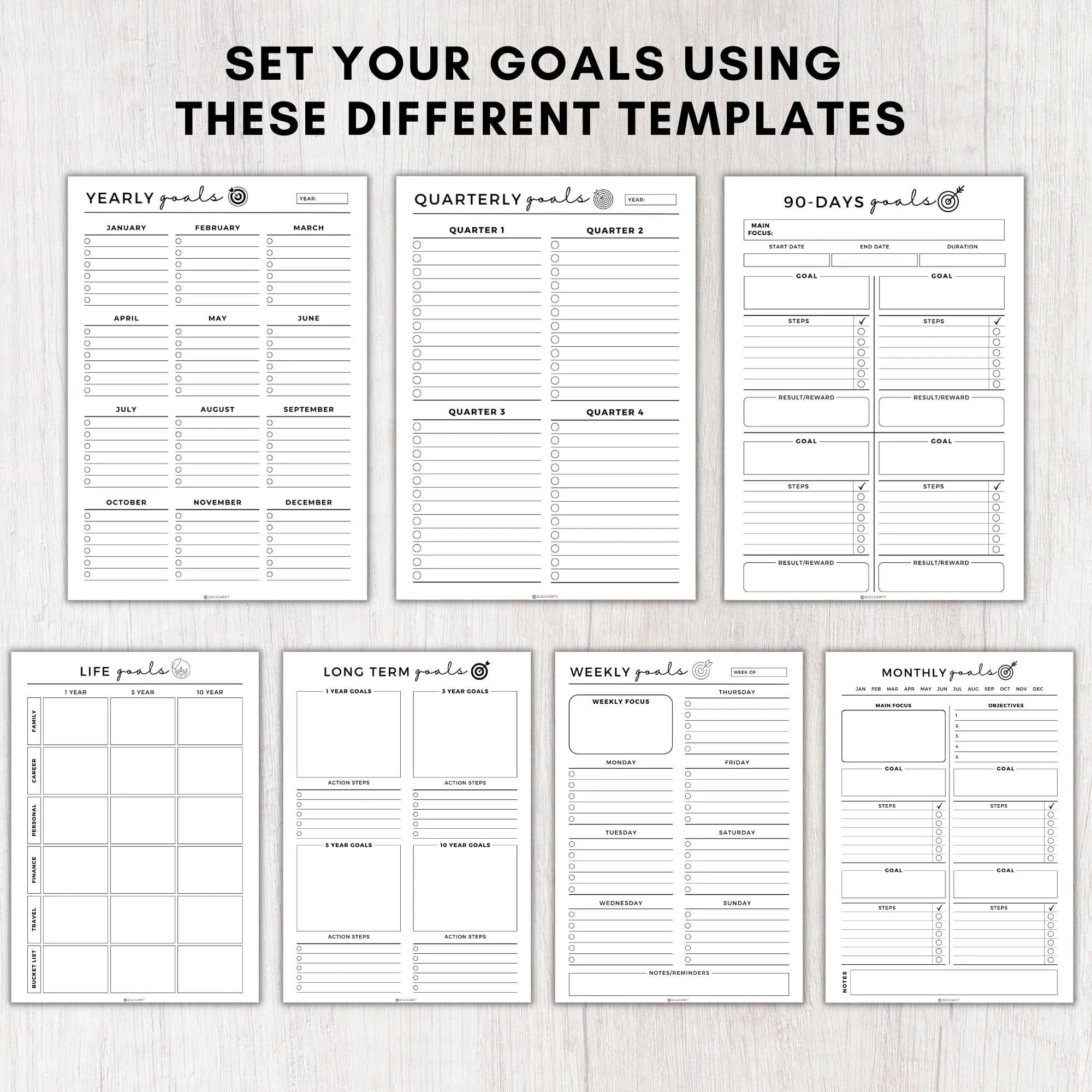 Personal Goal action plan worksheet,Long term goals,Yearly goals planner,Monthly Goal planner,Daily goal planner,Weekly goal planner,Goal review template,Monthly goal reflection sheet,Life vision board workbook