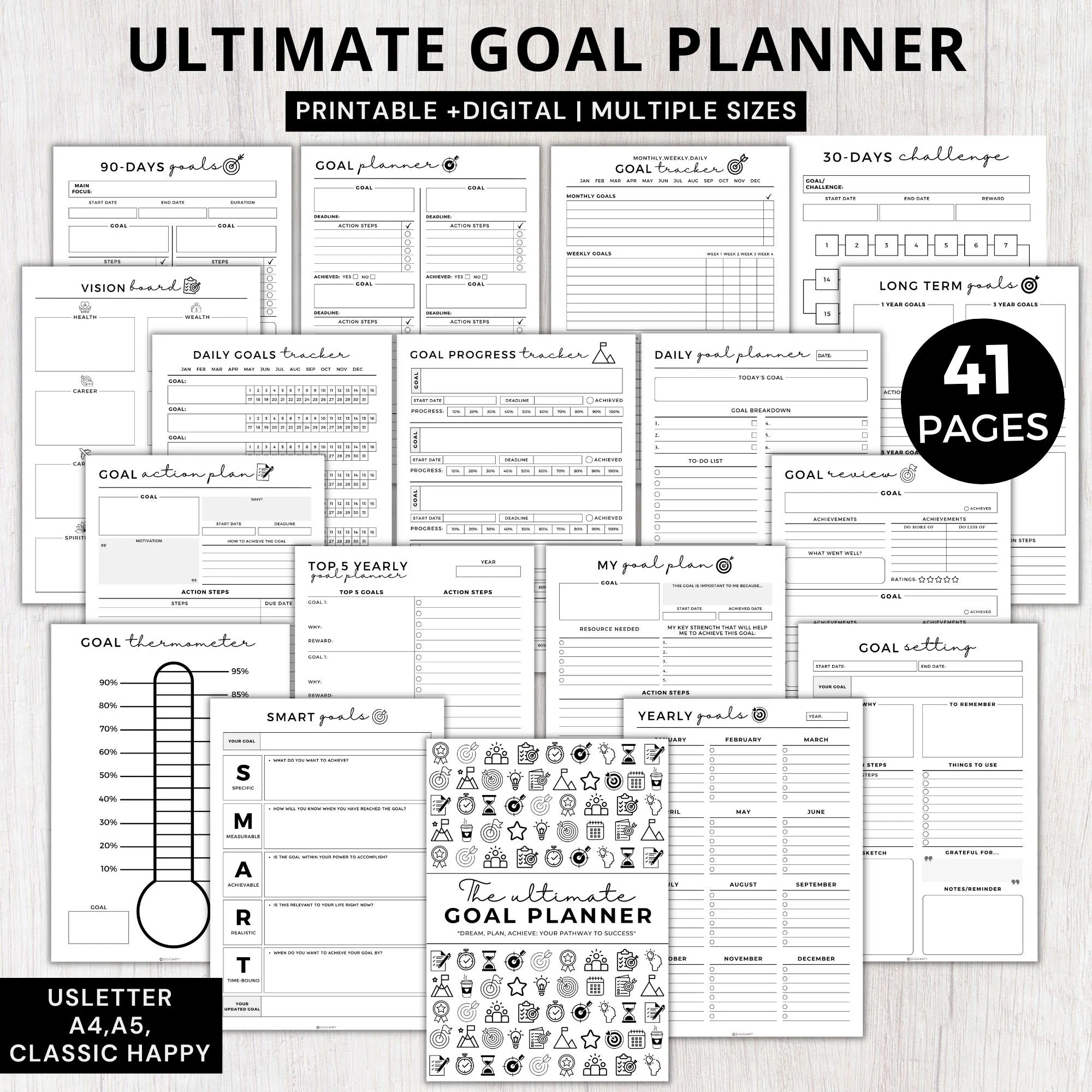 Ultimate Goal planner 2026 printable,Daily,Weekly,Monthly,Yearly,Quarterly,Long term,Smart goal setting kit,Goal progress tracker digital a5