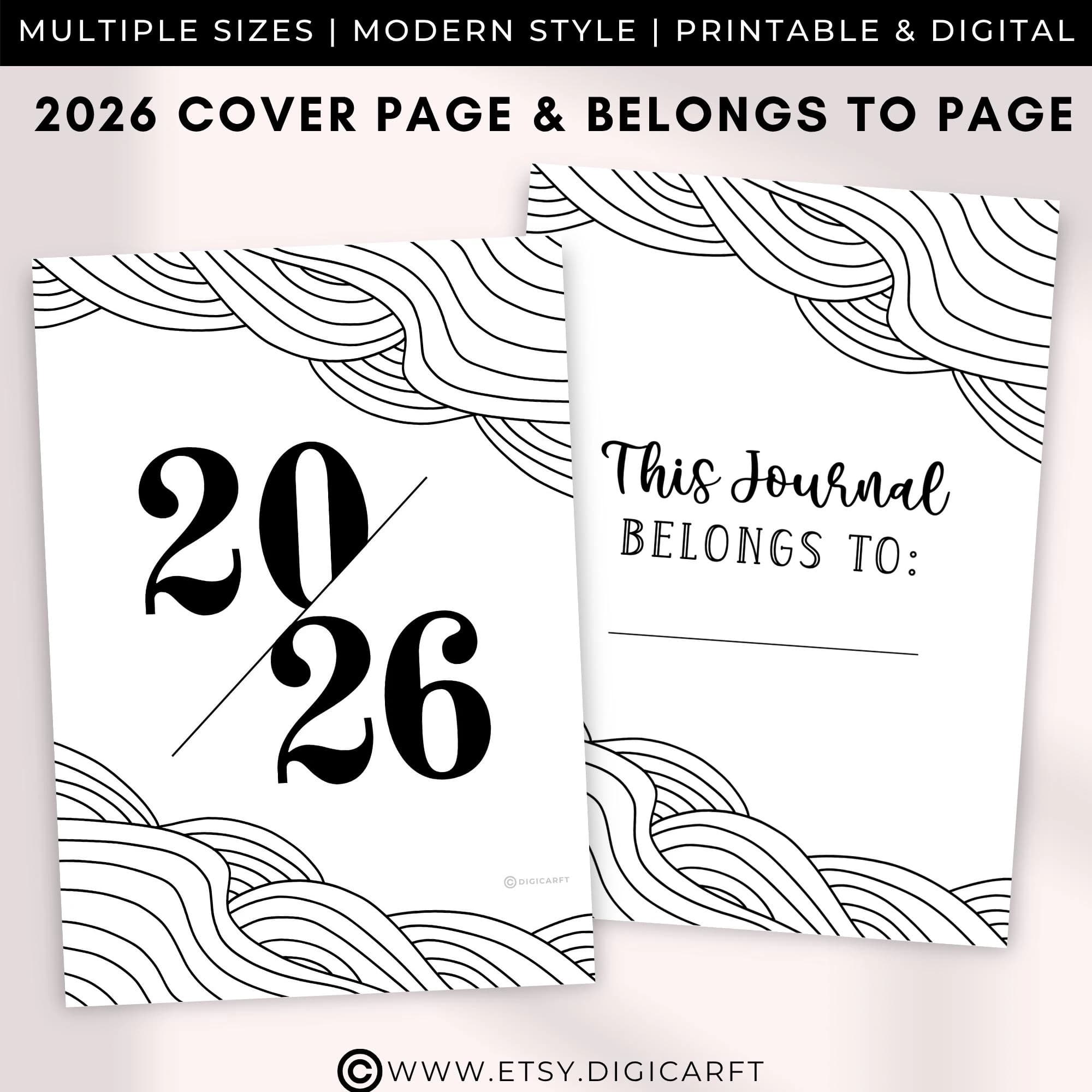 2026 planner cover page printable,This journal belongs to page,Bullett Journal Cover page template digital dashboard,Bujo Title page A5 A4