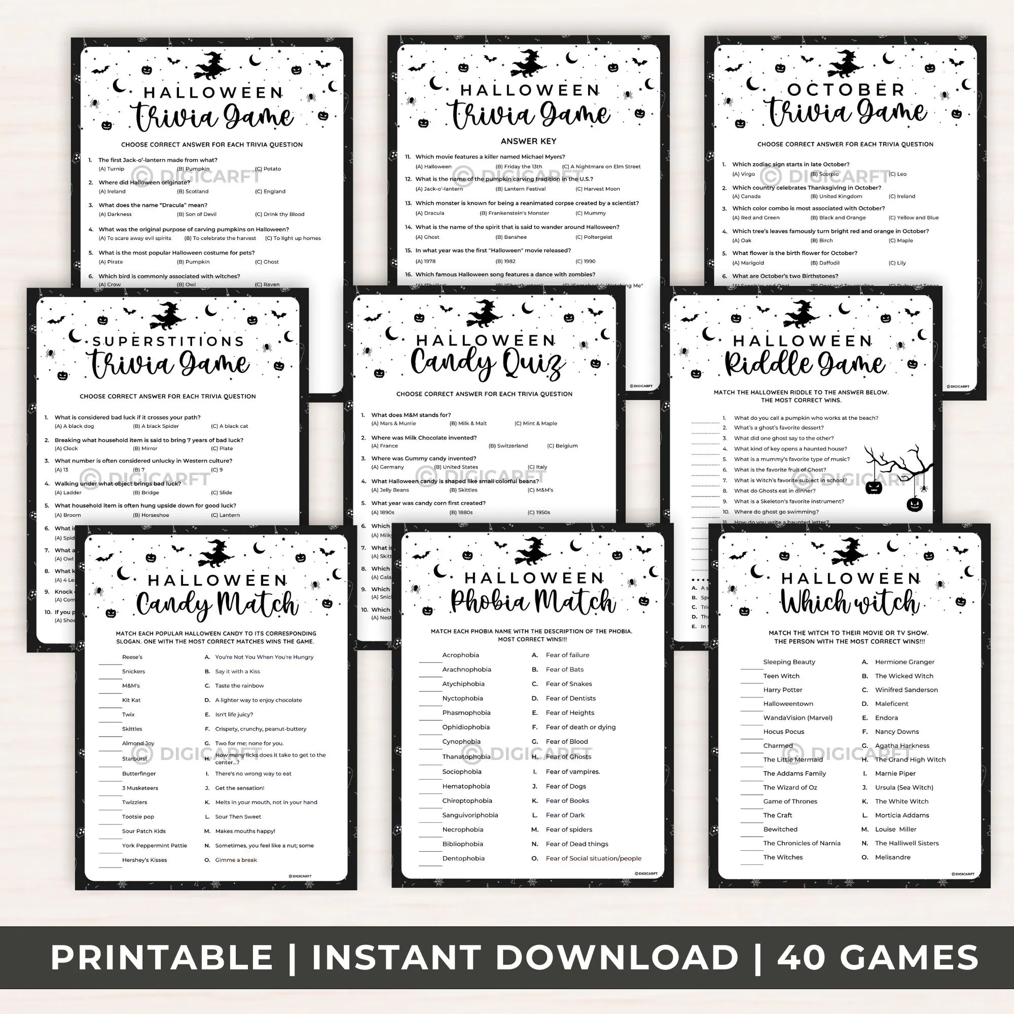 Halloween scavenger hunt for school,Pass the pumpkin game printable,Halloween emoji game printable,Game bundle adult halloween, Halloween activities for teens printable,Downloadable Halloween party games binder, Halloween trivia game, Halloween Candy Quiz, October trivia game, Halloween riddle game. Superstitions game, Halloween Candy match, Halloween Phobia match, Halloween Which Witch