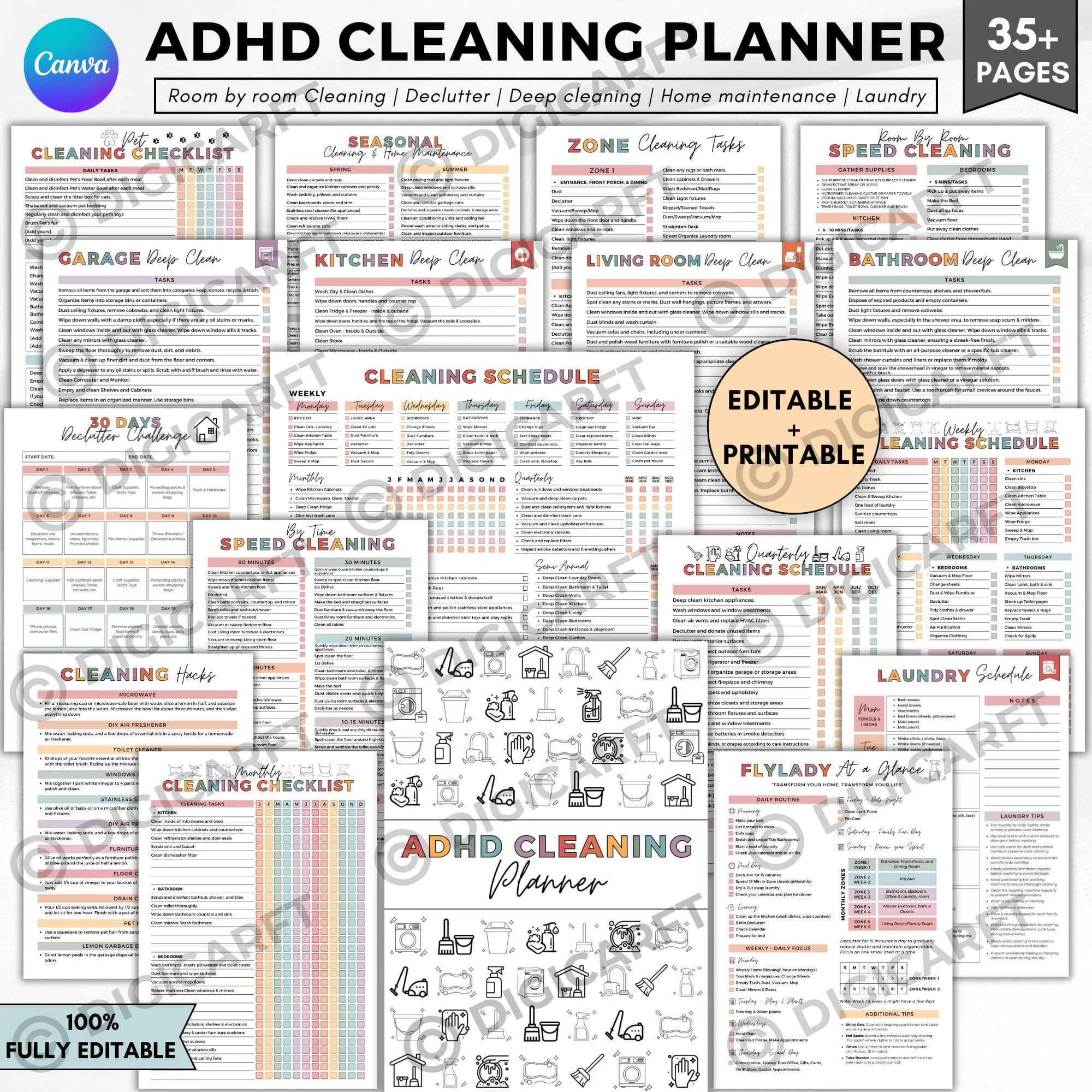 ADHD cleaning planner bundle pdf editable canva,Home cleaning schedule,Weekly,Monthly,Yearly Cleaning Checklist,Declutter,Family Chore Chart
