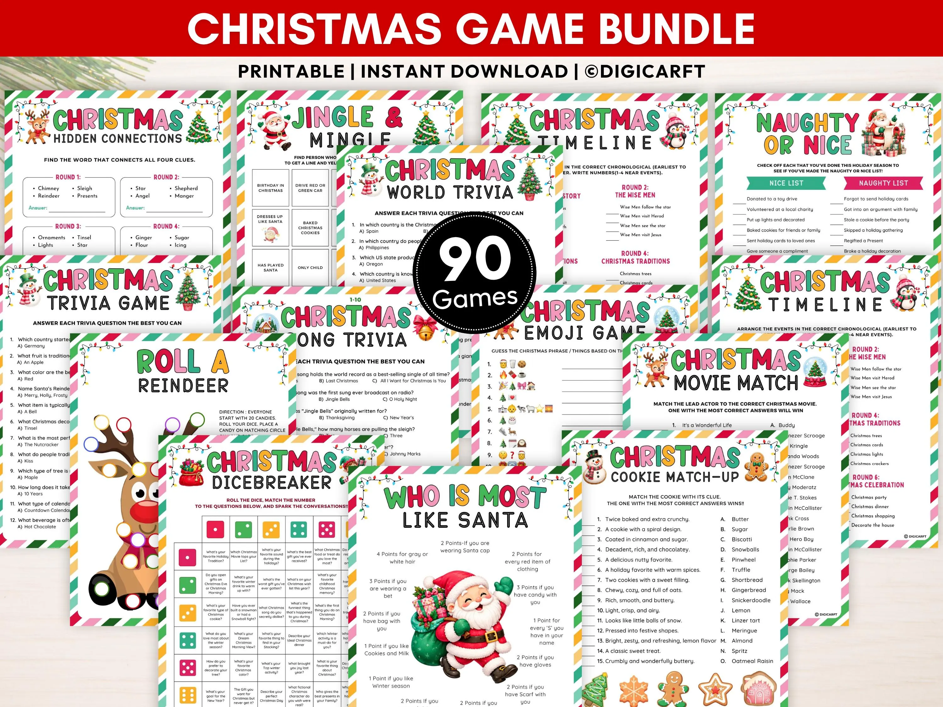 Christmas games bundle,Holiday office party games activities for adults & kids,family reunion games,christmas movie trivia,Bingo,emoji game