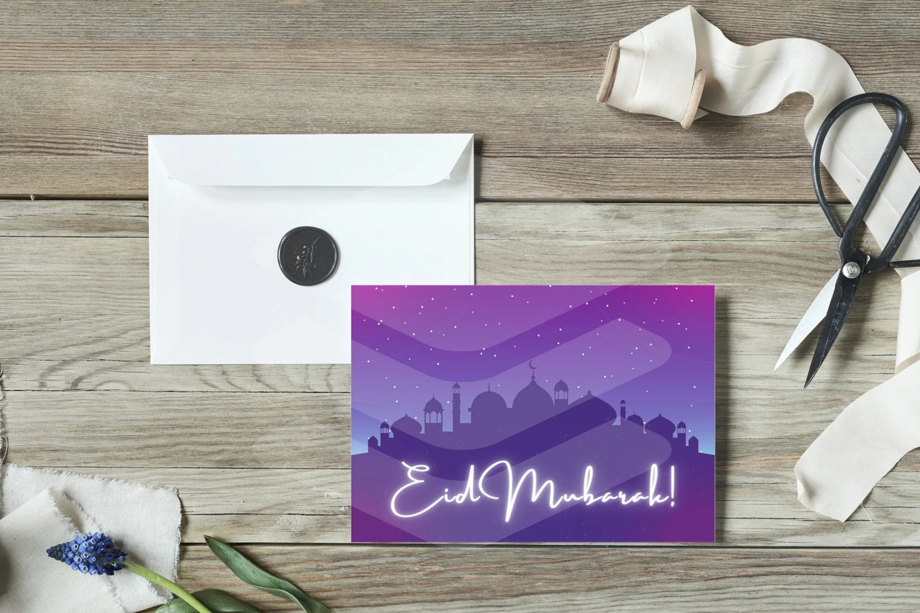 Printable Landscape Purple Pink Mosque Silhouette Eid Mubarak Greeting Card - Size A5 (2x3) - Instant Digital Download
