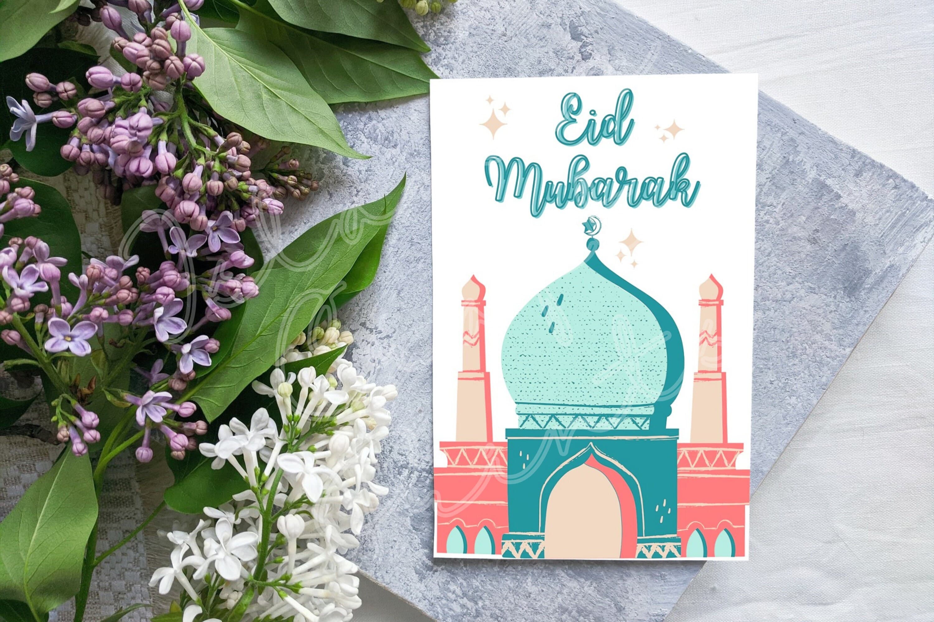 Printable Portrait Colourful Pastel Mosque Eid Mubarak Greeting Card - Size A5 (2x3) - Instant Digital Download