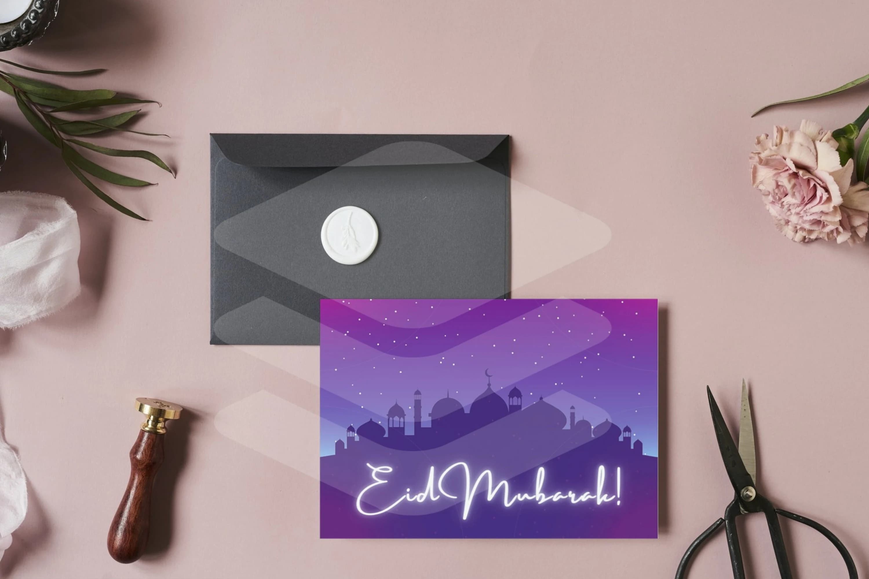 Printable Landscape Purple Pink Mosque Silhouette Eid Mubarak Greeting Card - Size A5 (2x3) - Instant Digital Download - image 3