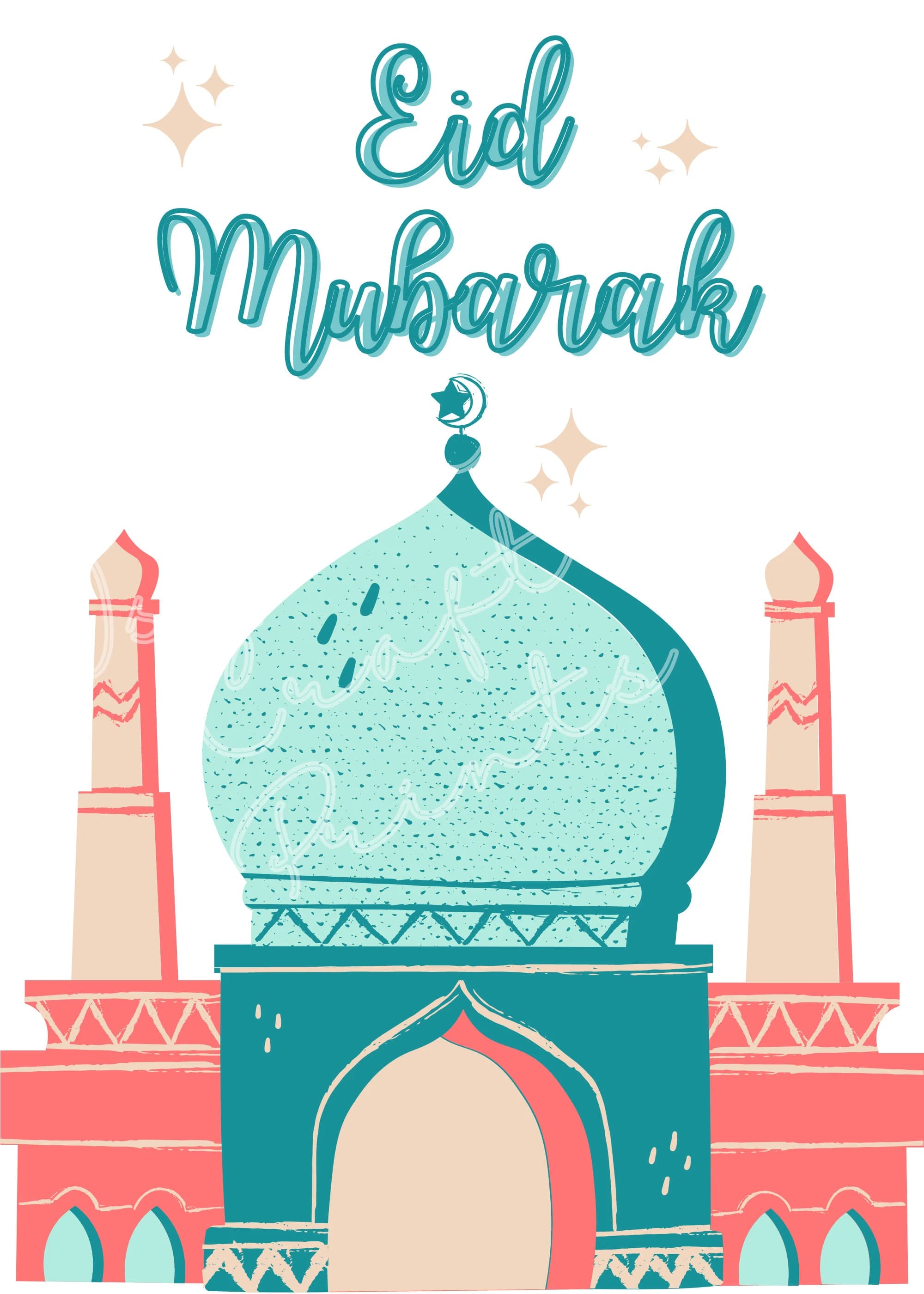 Printable Portrait Colourful Pastel Mosque Eid Mubarak Greeting Card - Size A5 (2x3) - Instant Digital Download - image 4